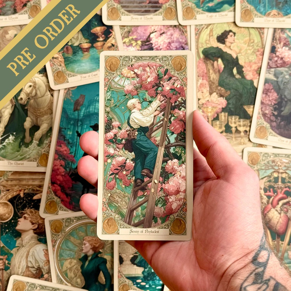 Elysian Shadows Victorian Art Nouveau gold foil tarot deck in keepsake box, for shadow work and intuitive reading.