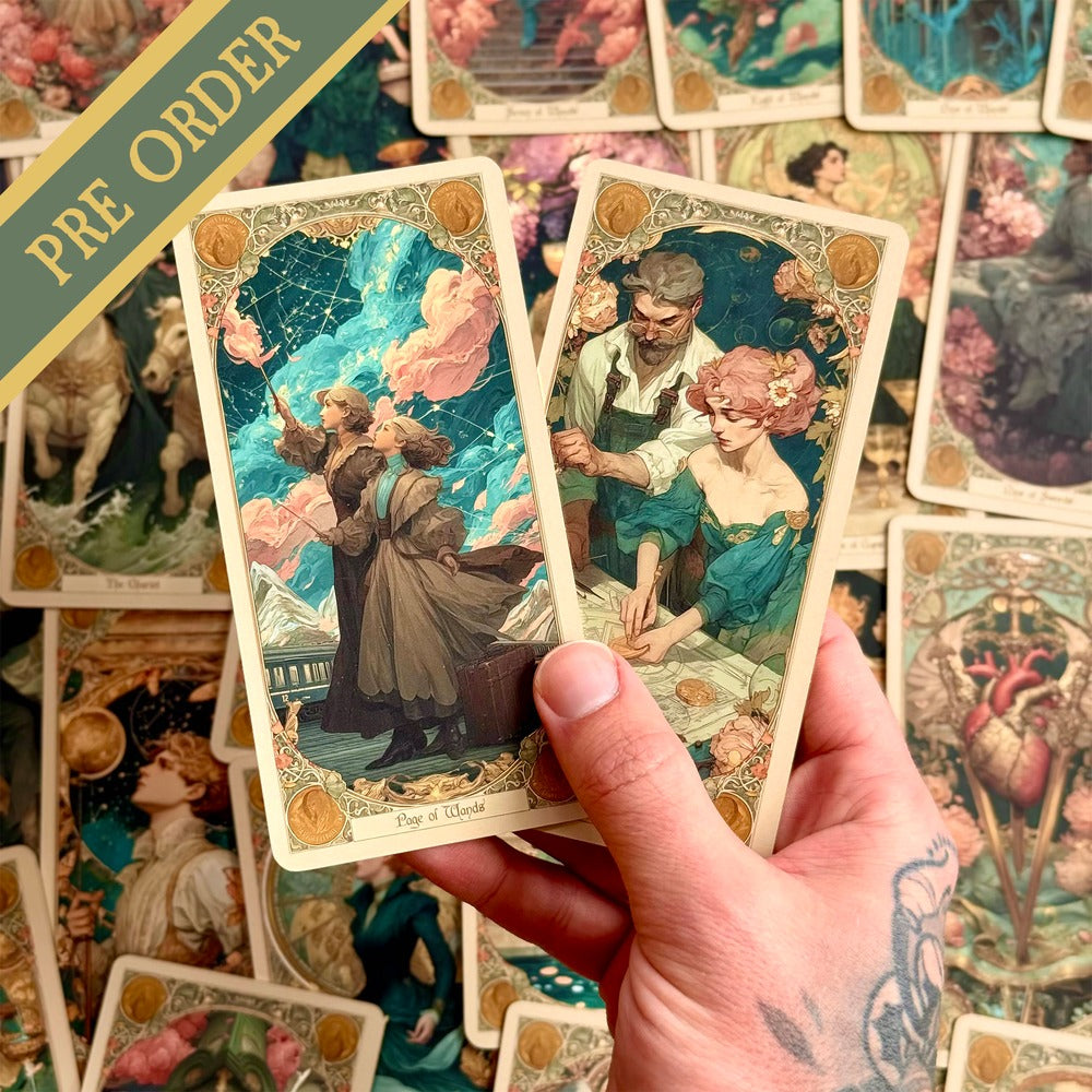 Elysian Shadows Victorian Art Nouveau gold foil tarot deck in keepsake box, for shadow work and intuitive reading.