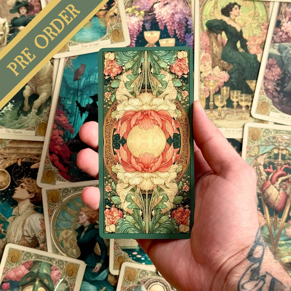 Elysian Shadows Victorian Art Nouveau gold foil tarot deck in keepsake box, for shadow work and intuitive reading.