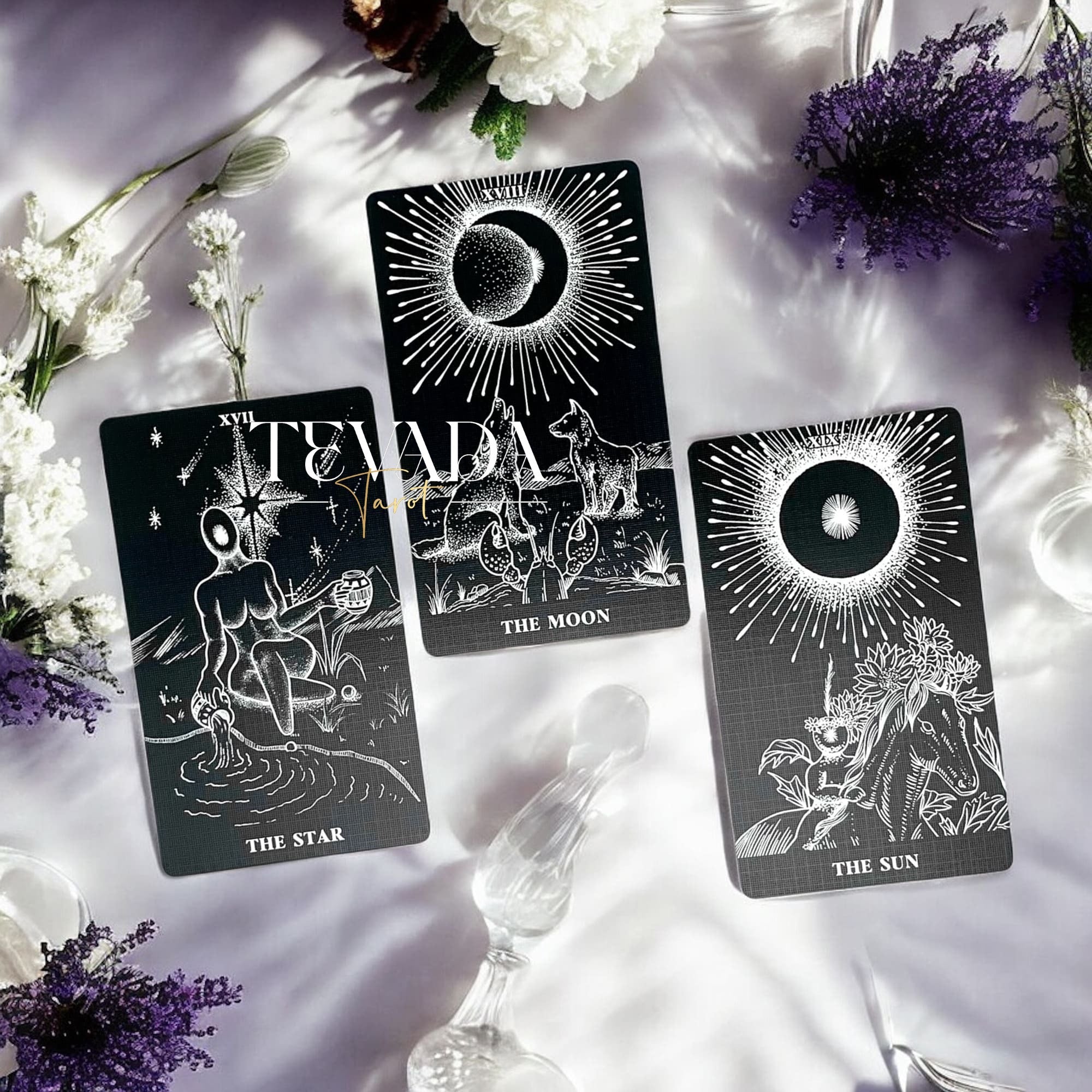 Explore The Arrival Tarot Deck—78 black-and-white tarot cards designed for intuitive readings, spiritual clarity, and guidance through bold contrasts of light and shadow.