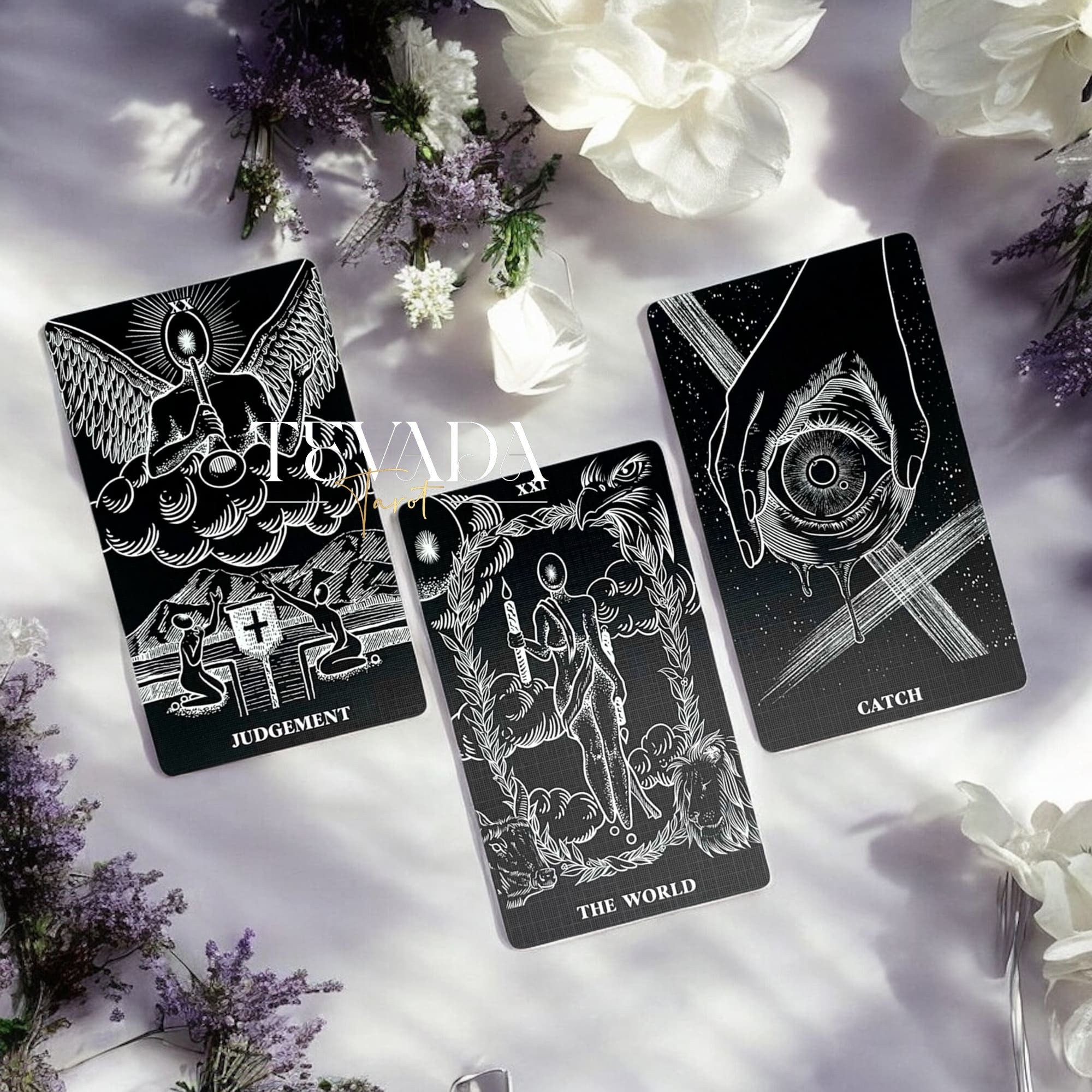 Explore The Arrival Tarot Deck—78 black-and-white tarot cards designed for intuitive readings, spiritual clarity, and guidance through bold contrasts of light and shadow.