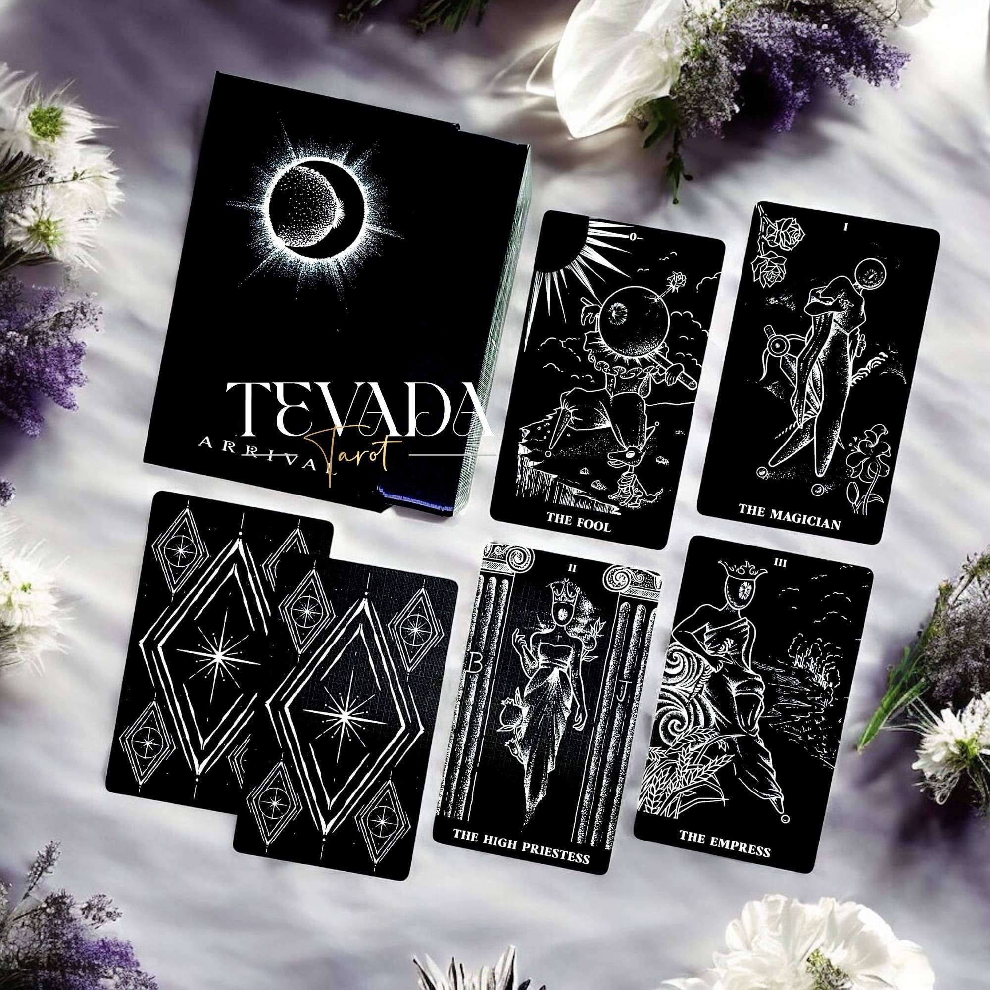 Explore The Arrival Tarot Deck—78 black-and-white tarot cards designed for intuitive readings, spiritual clarity, and guidance through bold contrasts of light and shadow.