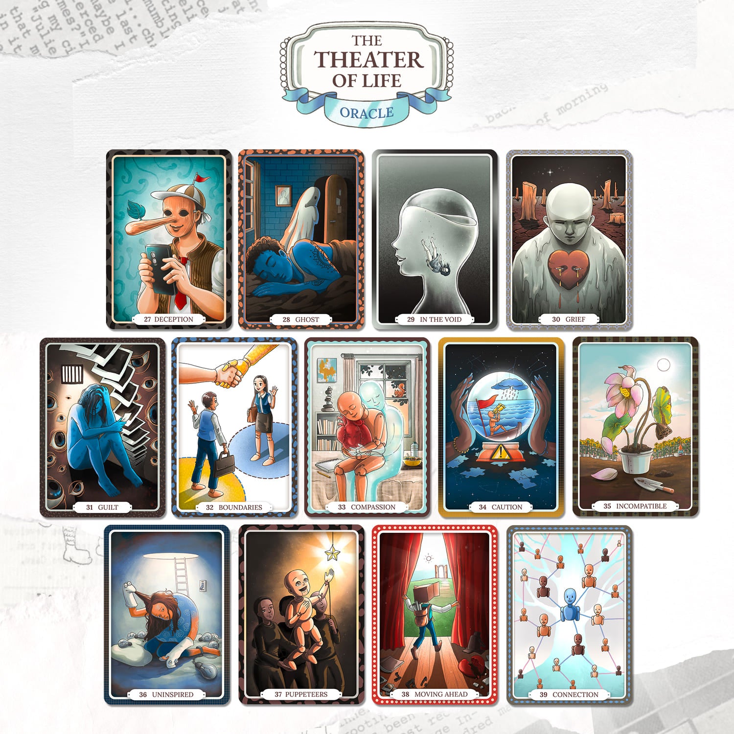 Theater of Life Oracle—66 beautifully hand‑drawn cards offering emotional insight, intuitive guidance & self‑reflection. Ideal for journaling, rituals, personal growth.