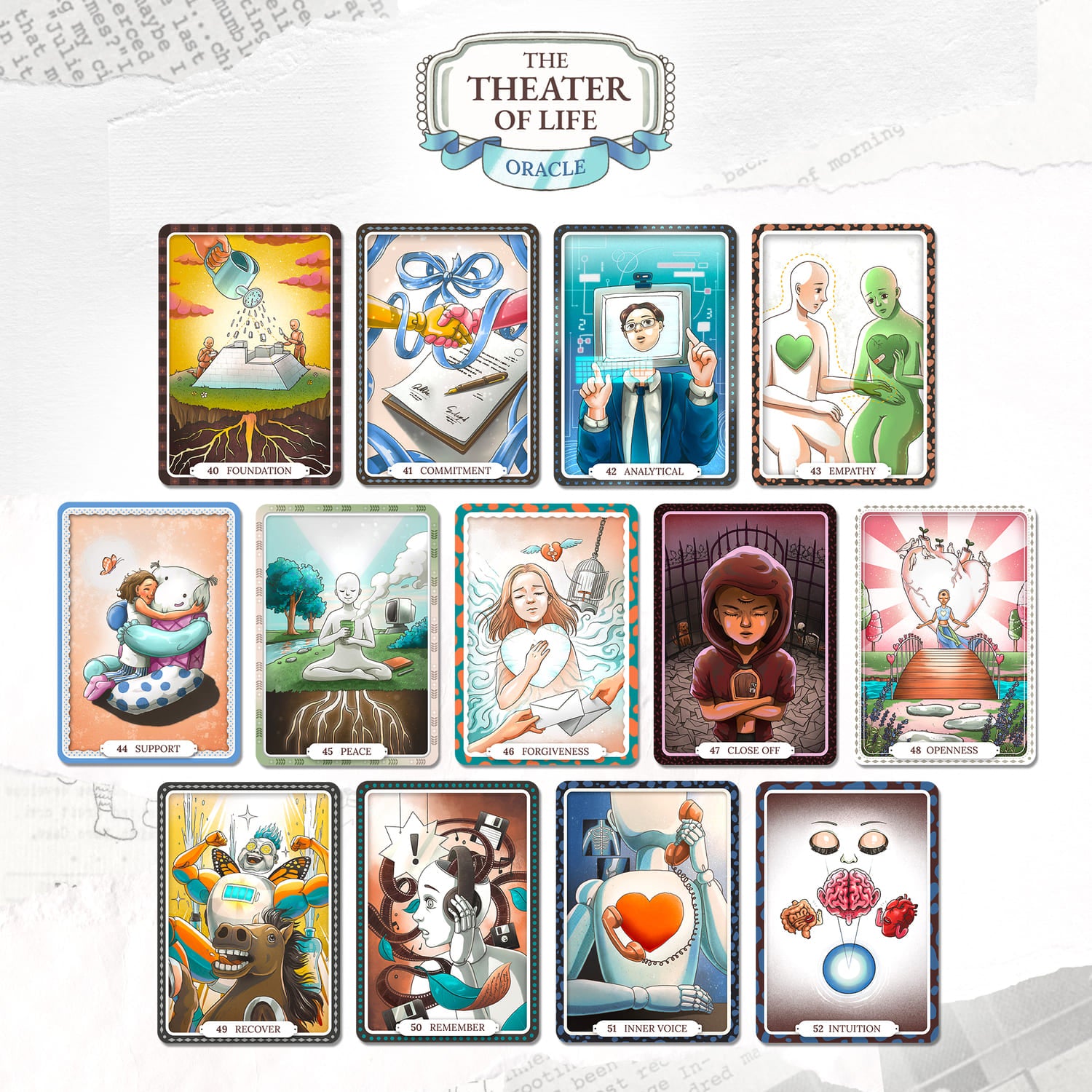 Theater of Life Oracle—66 beautifully hand‑drawn cards offering emotional insight, intuitive guidance & self‑reflection. Ideal for journaling, rituals, personal growth.
