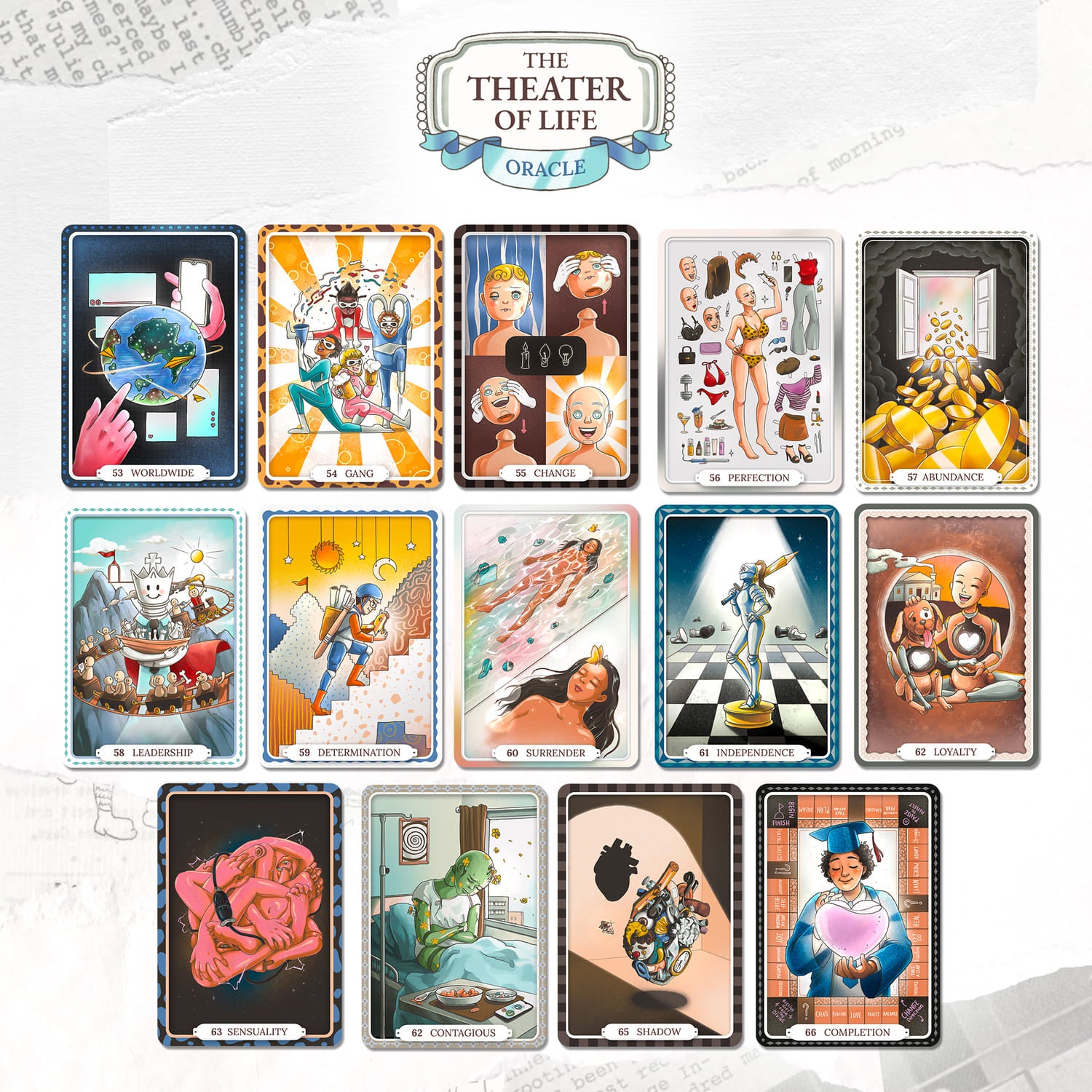 Theater of Life Oracle—66 beautifully hand‑drawn cards offering emotional insight, intuitive guidance & self‑reflection. Ideal for journaling, rituals, personal growth.