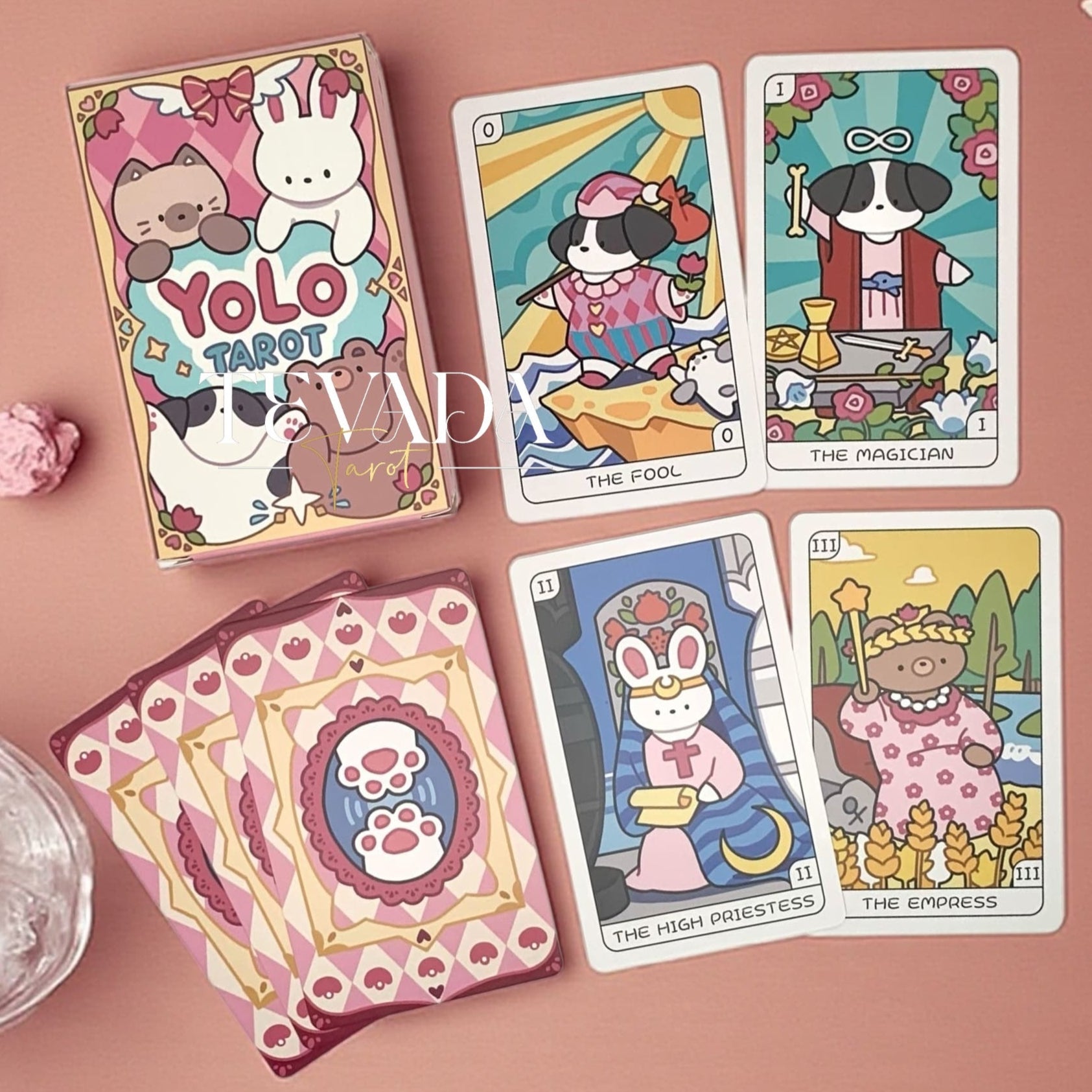 Discover the YOLO Tarot PINK Edition — a handcrafted 78-card tarot deck featuring adorable animal guides, intuitive symbolism, and magical artistry designed to inspire soulful readings and clarity.