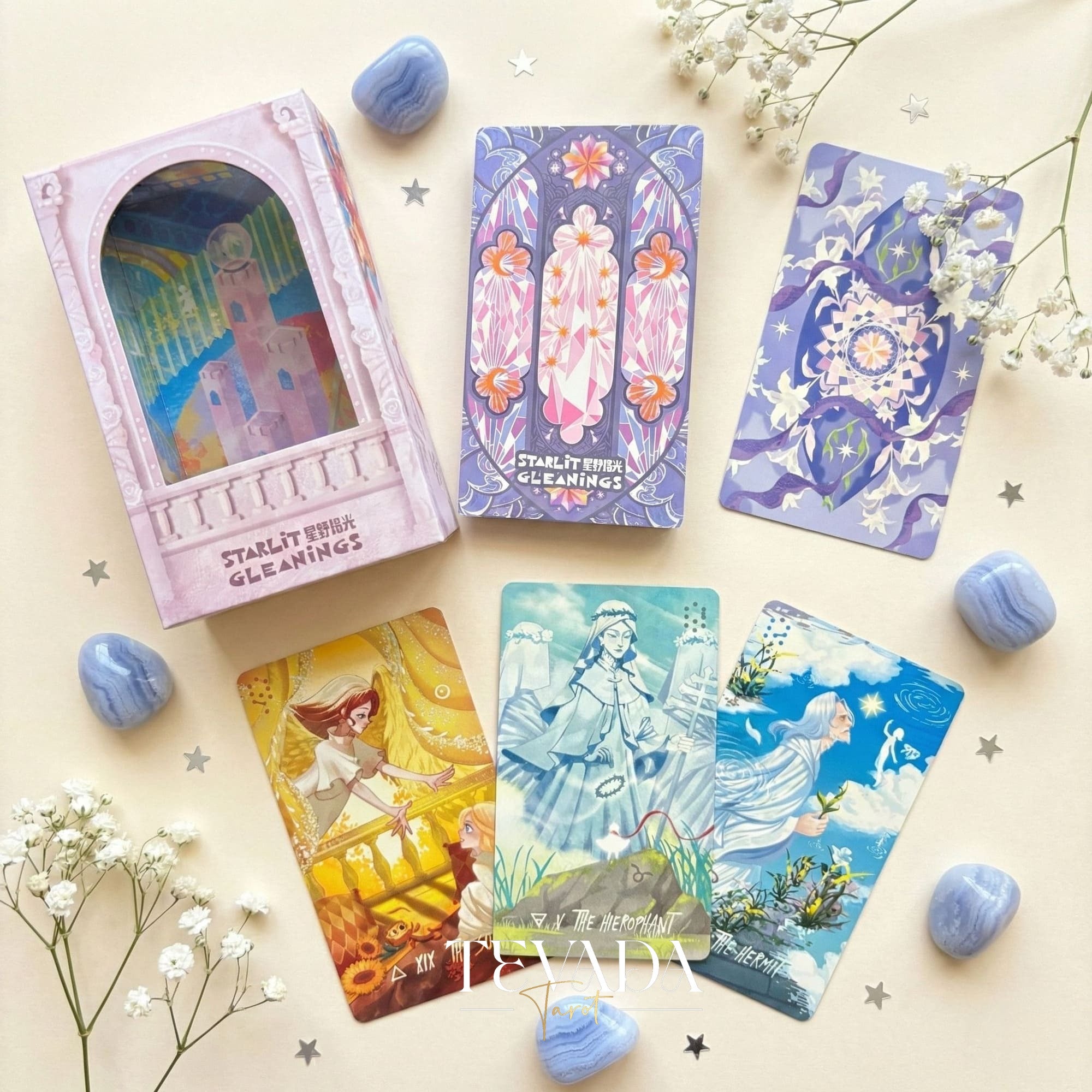 Starlit Gleanings Tarot with cute anime style watercolor art for intuitive divination and healing guidance.