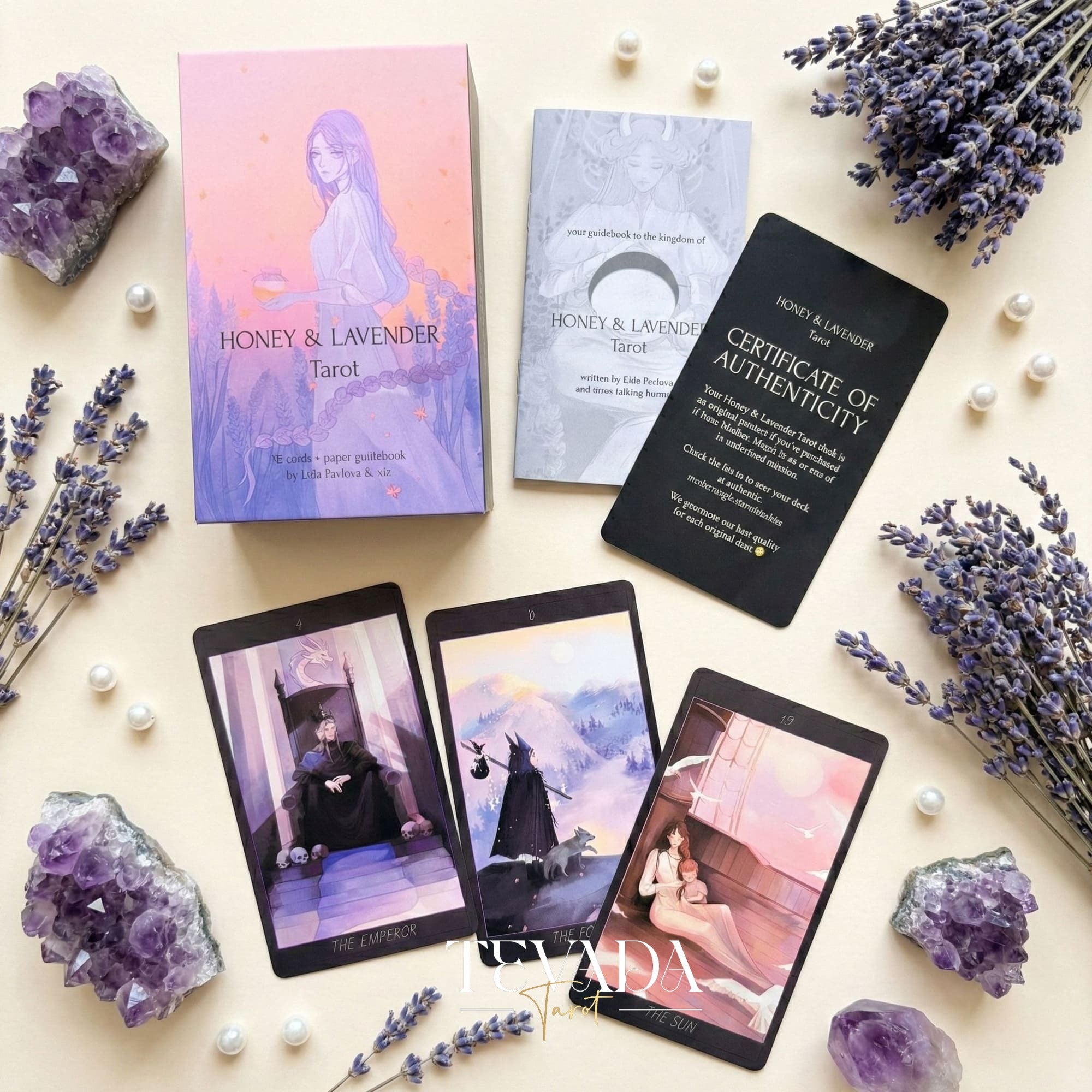 Honey and Lavender Tarot Deck featuring soft gothic Asian style art for shadow work and intuitive healing.