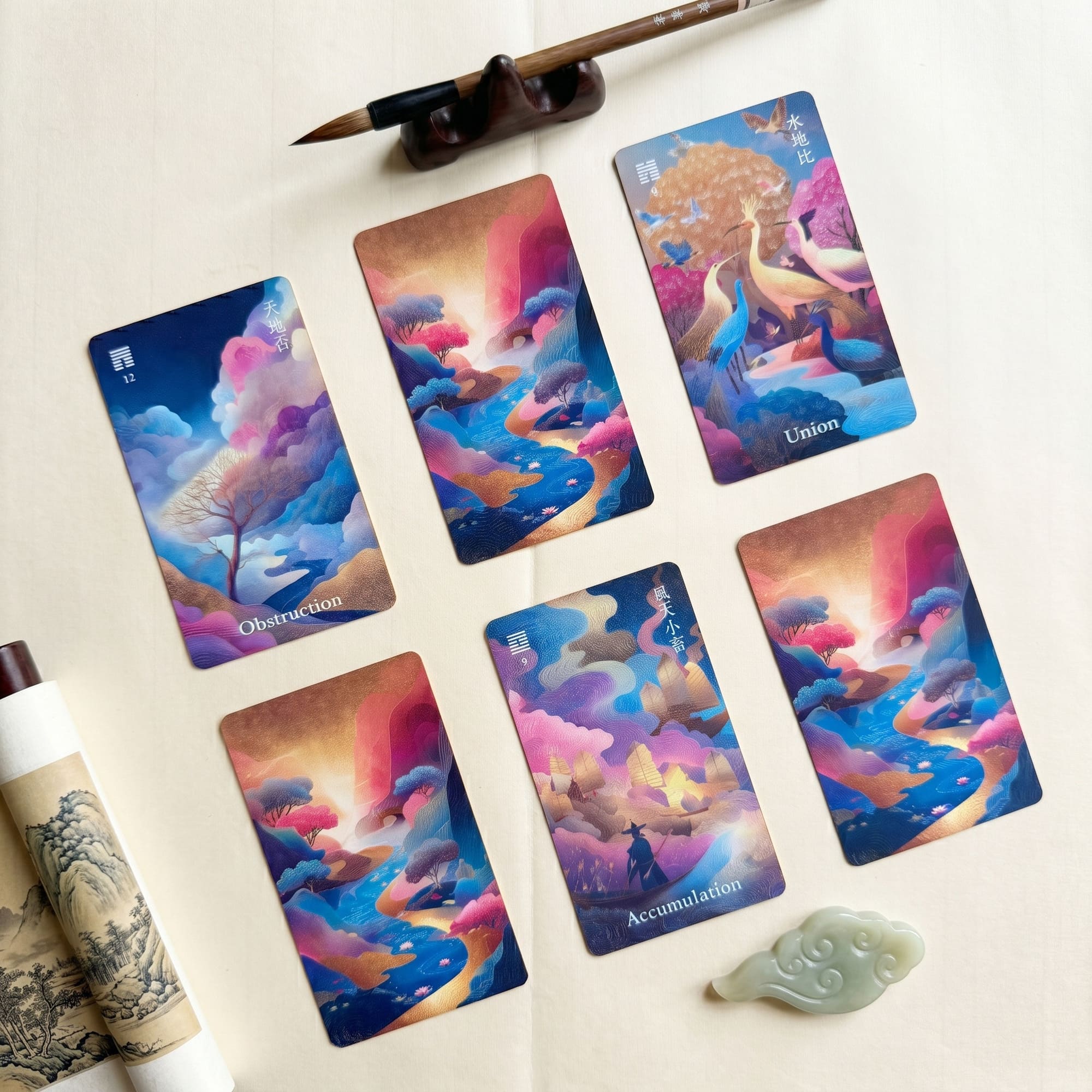 I-Ching Oracle: Horse Edition — a 64-card oracle deck fusing I-Ching divination with Three Kingdoms legends, featuring gold gilt edges and premium 400gsm matte-finish cards.