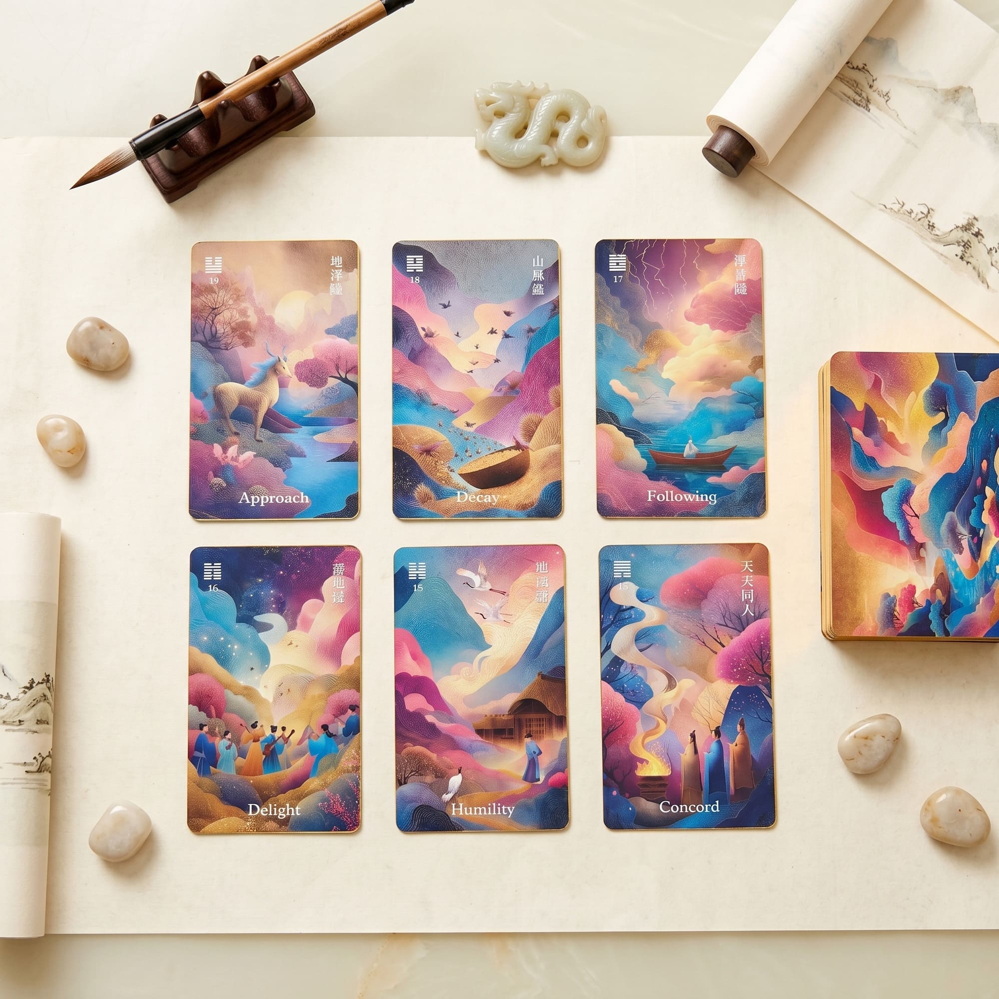 I-Ching Oracle: Horse Edition — a 64-card oracle deck fusing I-Ching divination with Three Kingdoms legends, featuring gold gilt edges and premium 400gsm matte-finish cards.