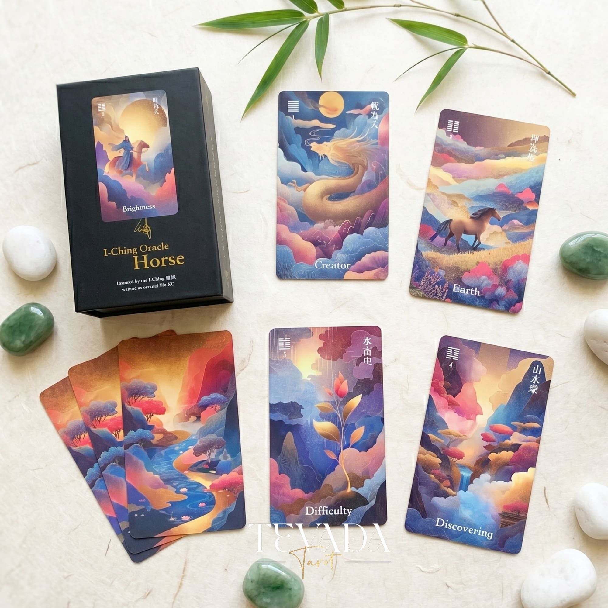 I-Ching Oracle: Horse Edition — a 64-card oracle deck fusing I-Ching divination with Three Kingdoms legends, featuring gold gilt edges and premium 400gsm matte-finish cards.