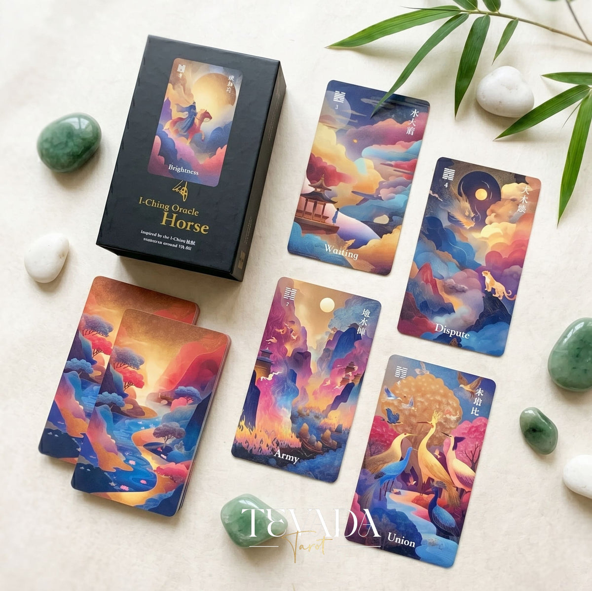I-Ching Oracle: Horse Edition — a 64-card oracle deck fusing I-Ching divination with Three Kingdoms legends, featuring gold gilt edges and premium 400gsm matte-finish cards.