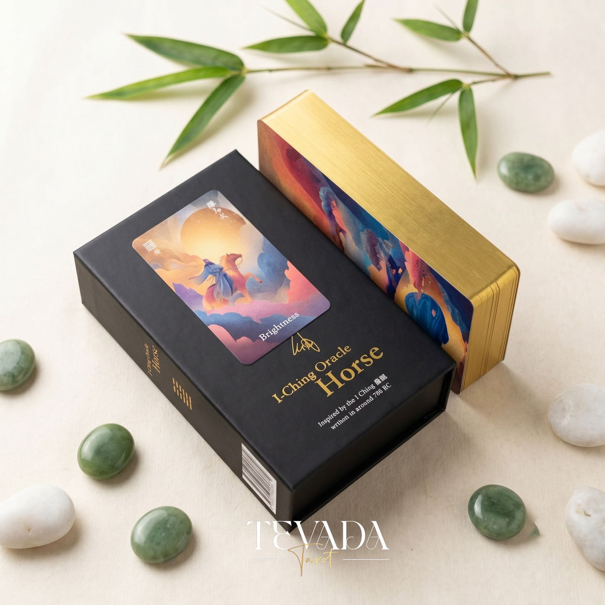 I-Ching Oracle: Horse Edition — a 64-card oracle deck fusing I-Ching divination with Three Kingdoms legends, featuring gold gilt edges and premium 400gsm matte-finish cards.