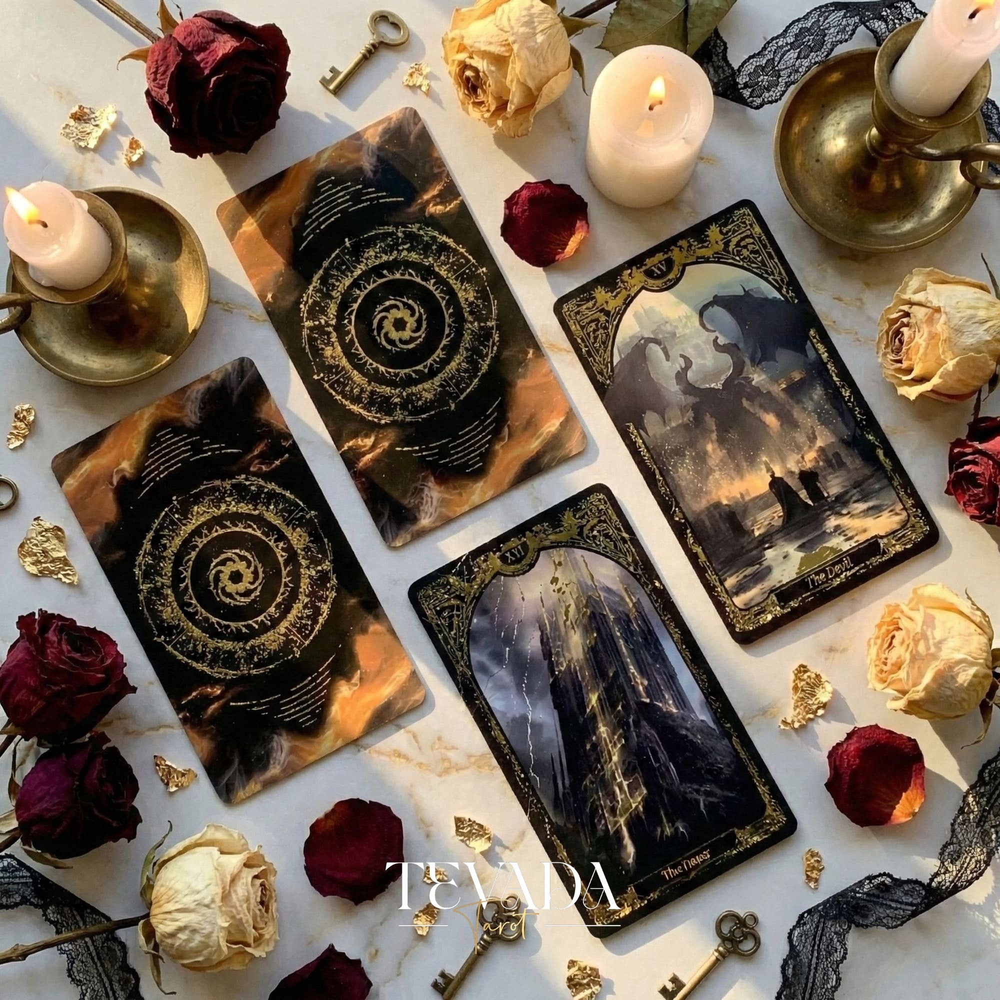 Abyss Tarot Deck 2026 Edition gothic luxury Indie Tarot Cards with gold foil edges for shadow work.
