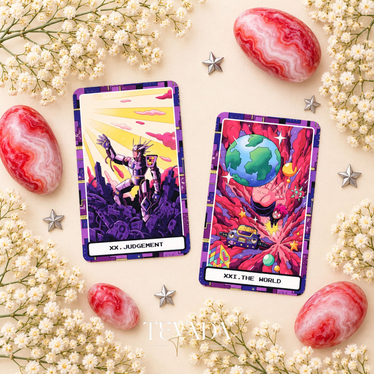 At the Edge of the Galaxy Tarot Judgement and The World card fronts among white flowers and pink stones.