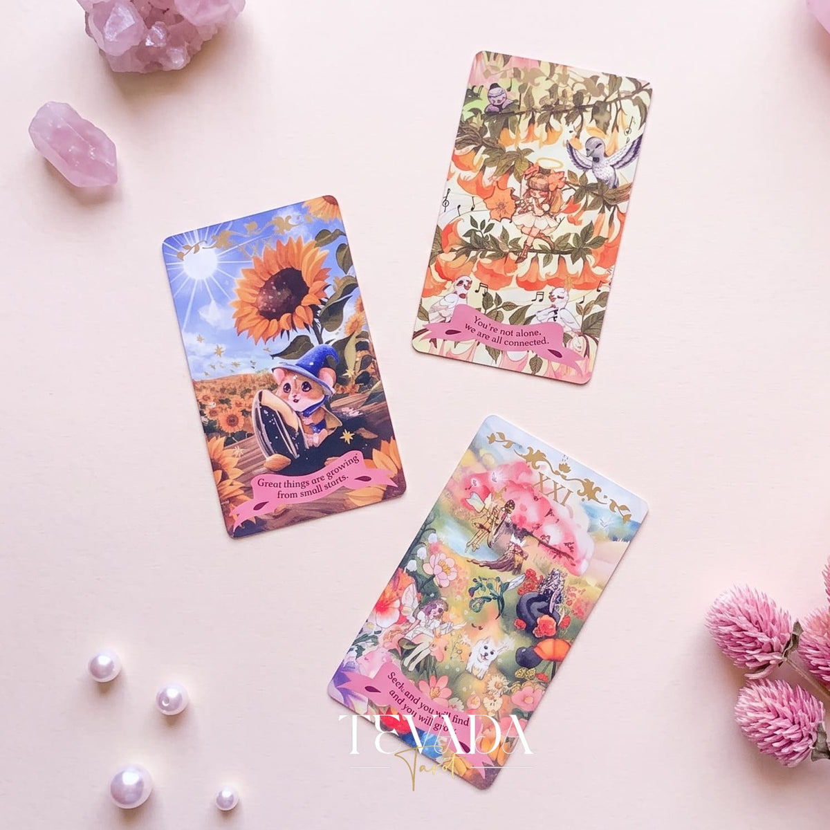 Beaming Booming Tarot & Oracle Deck featuring cute hand-drawn art for healing and intuitive guidance.