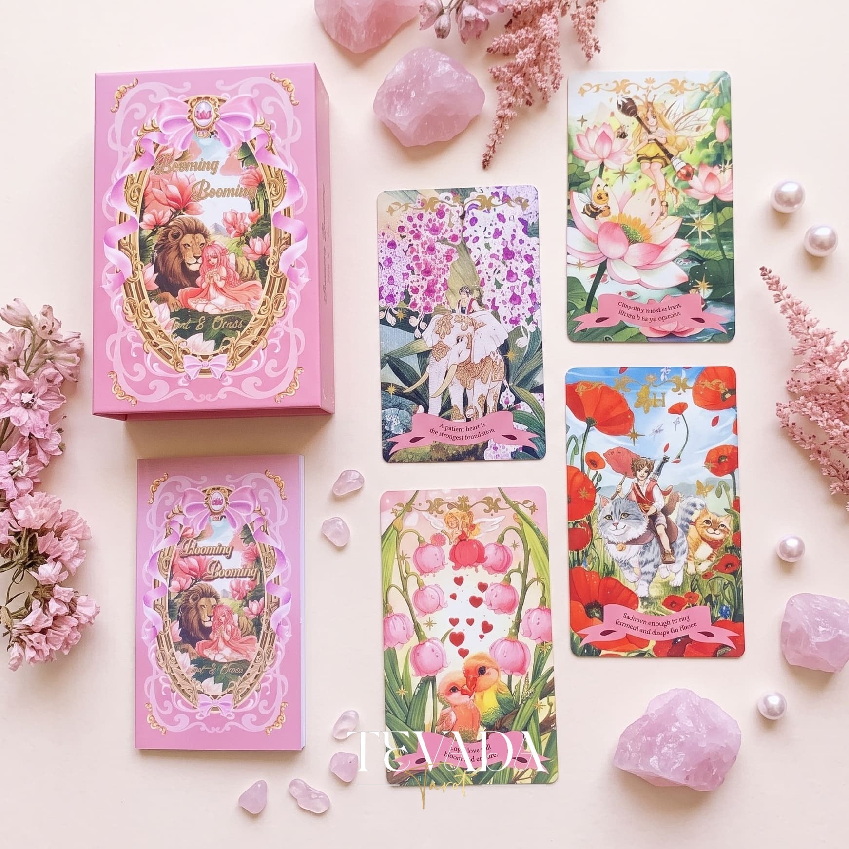 Beaming Booming Tarot & Oracle Deck featuring cute hand-drawn art for healing and intuitive guidance.