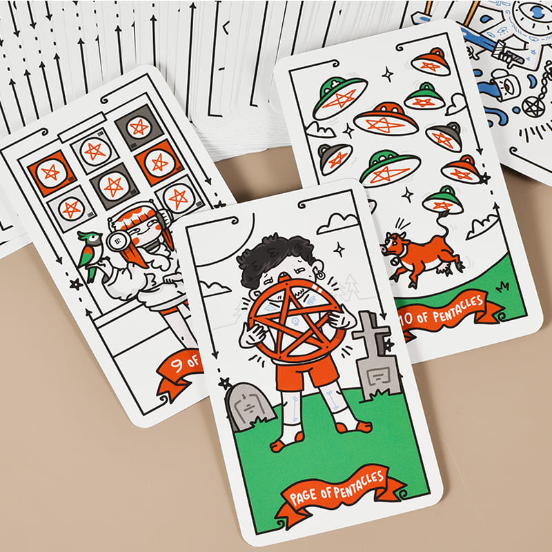 Brat Break Doodlez Tarot hand-drawn cartoon deck with bold red, blue, black, and white art for playful readings