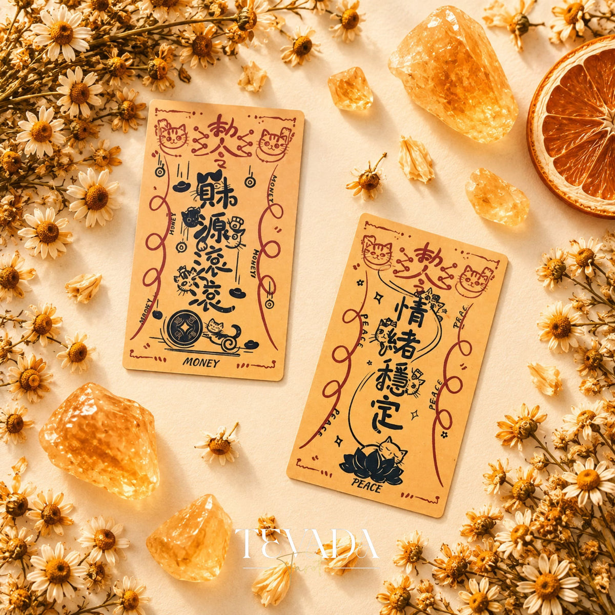 Cat Charm Tarot cards arranged for a daily reading, showing cat characters in a cozy orange vintage palette.