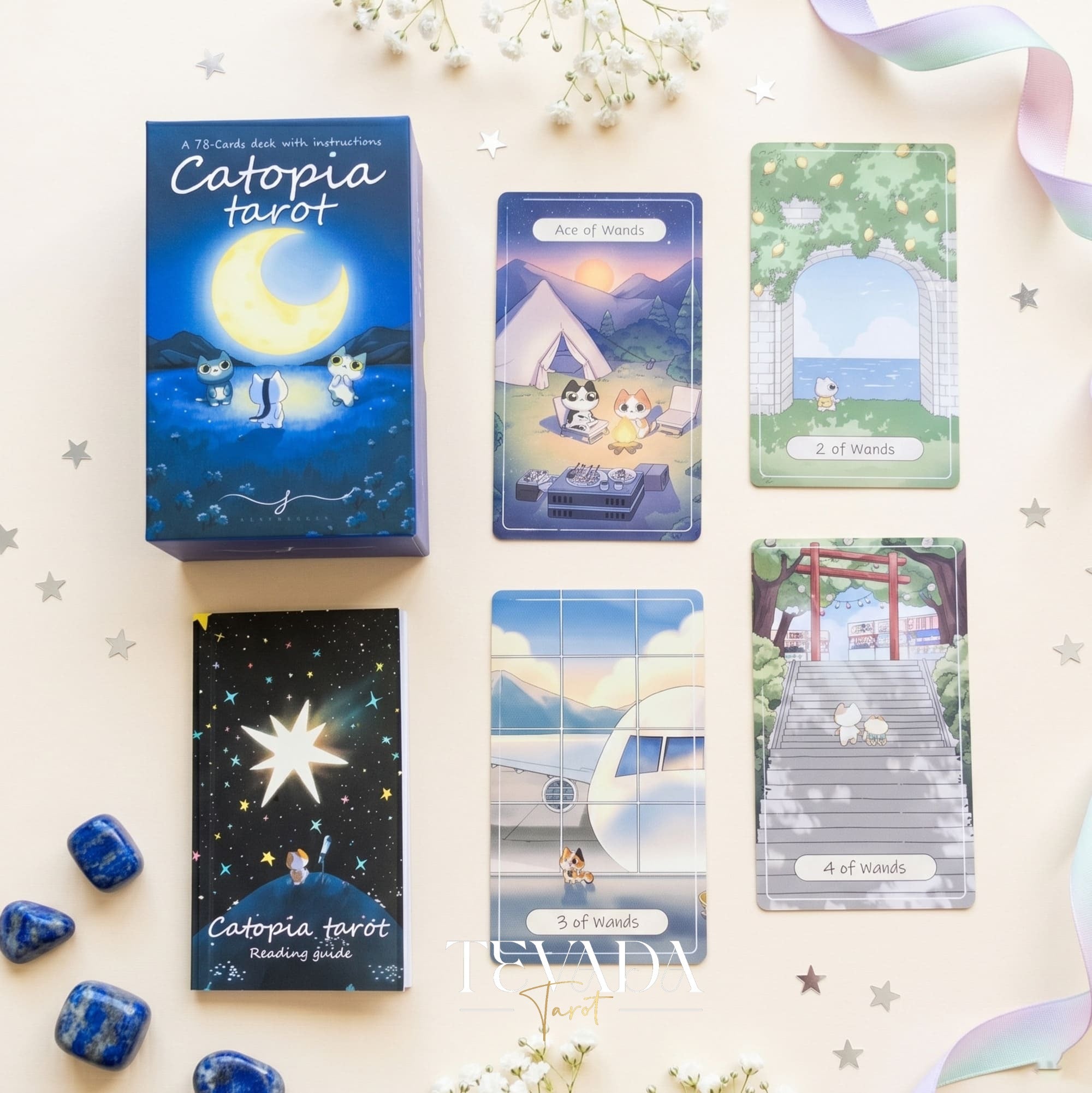Catopia Tarot II featuring whimsical cat artwork on smooth cardstock for healing and playful divination.