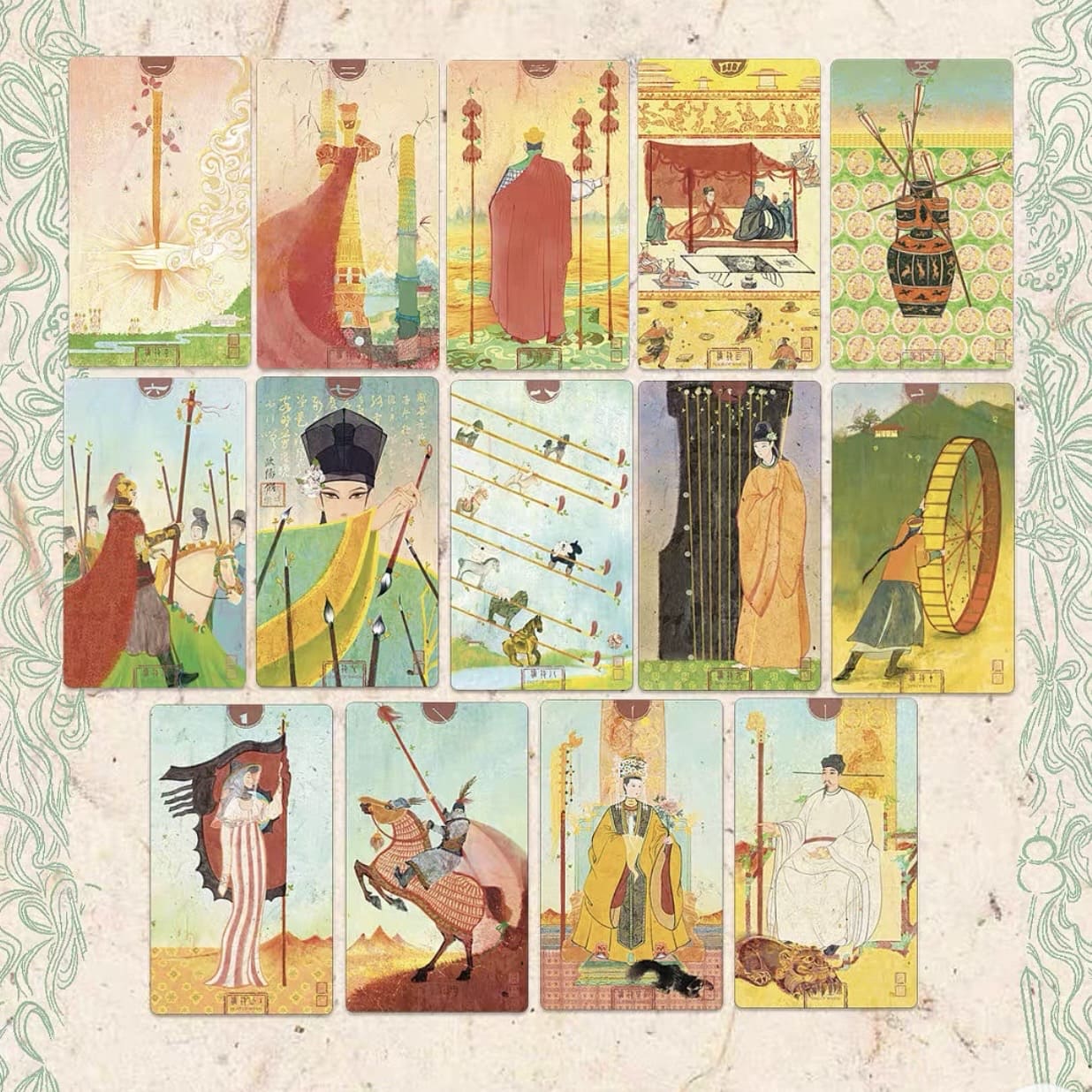 Chinese Cultural Relics Tarot vintage hand-drawn Indie Deck with holographic blue edges for ancestral self-reflection.