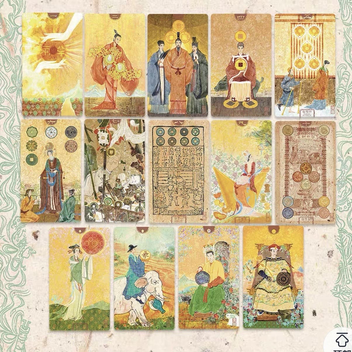 Chinese Cultural Relics Tarot vintage hand-drawn Indie Deck with holographic blue edges for ancestral self-reflection.