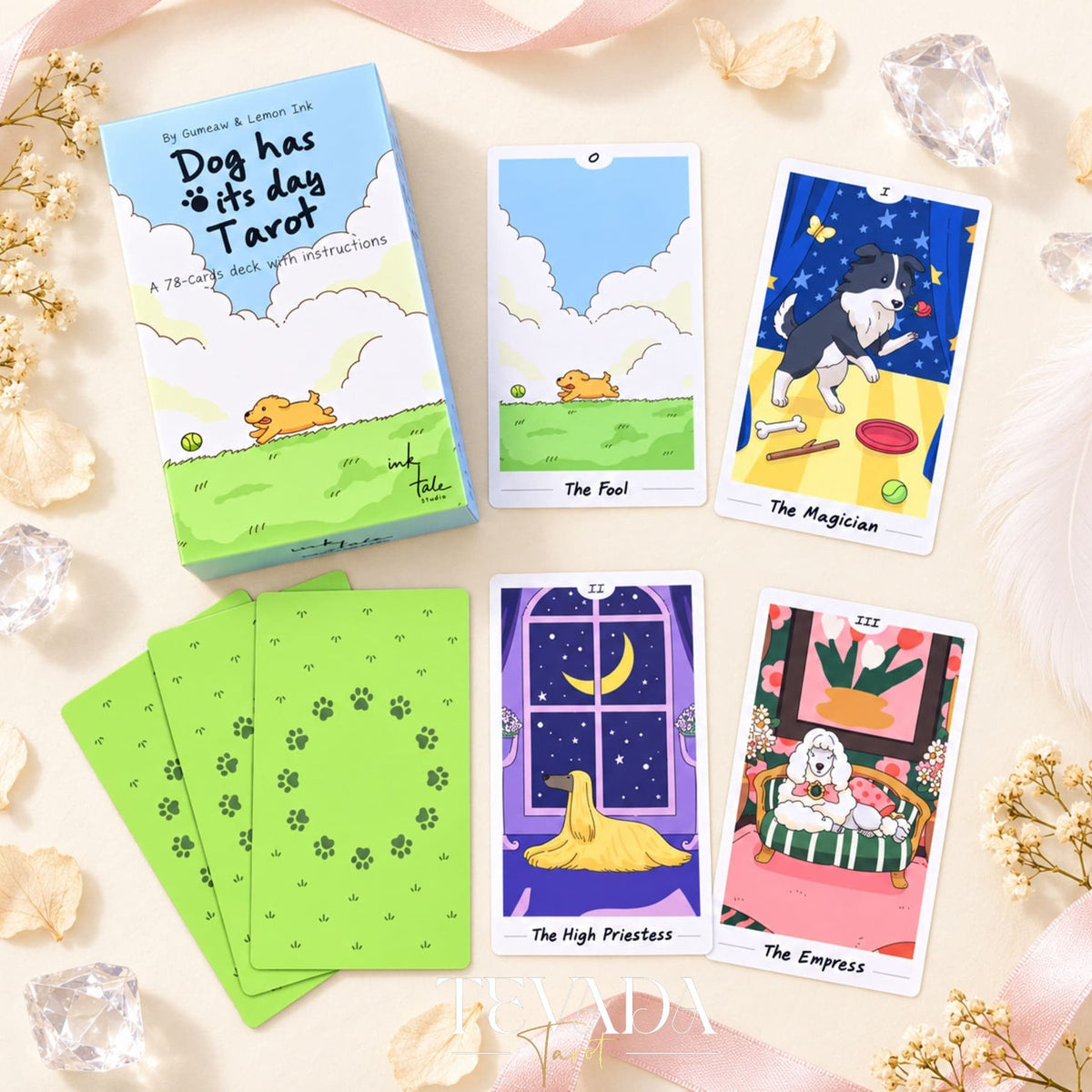 Dog has its day Tarot Deck pastel canine cartoon cards for gentle daily reflection