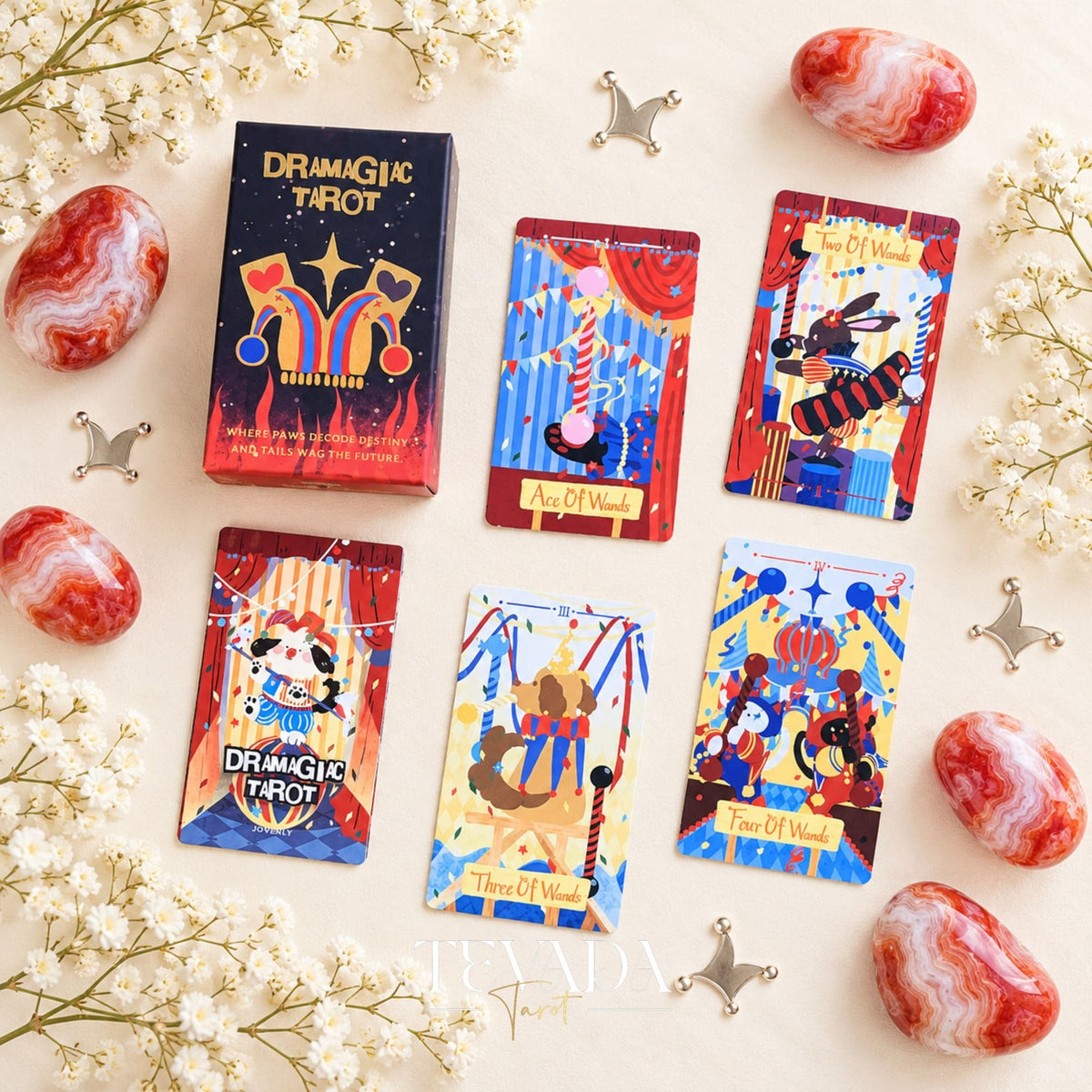 Dramagiac Tarot RED whimsical animal Indie Tarot Deck for joyful daily guidance