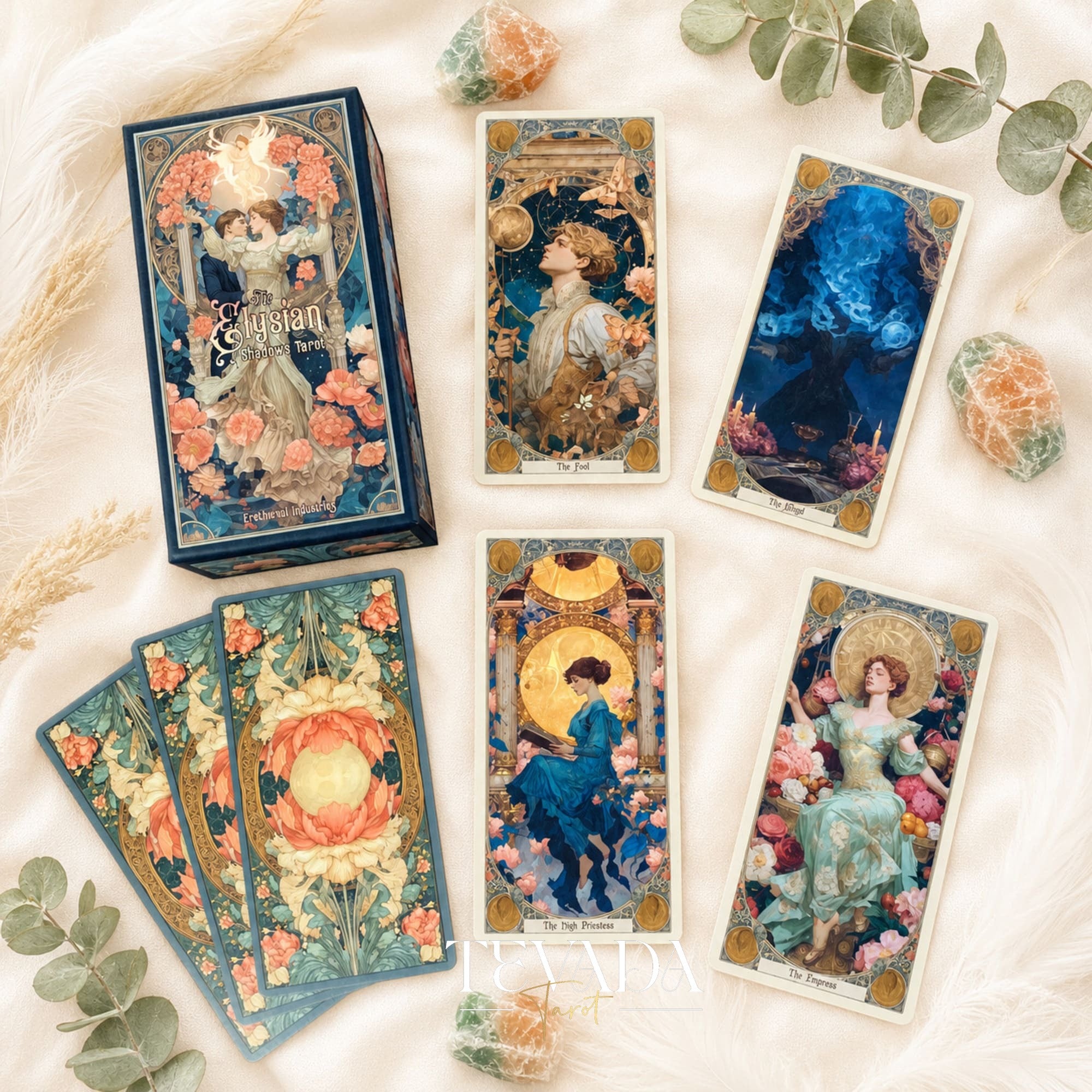 Elysian Shadows ビクトリア朝のアールヌーボー様式の金箔タロットデッキ、記念品ボックスに入っており、シャドウワークや直感的なリーディングに最適です。