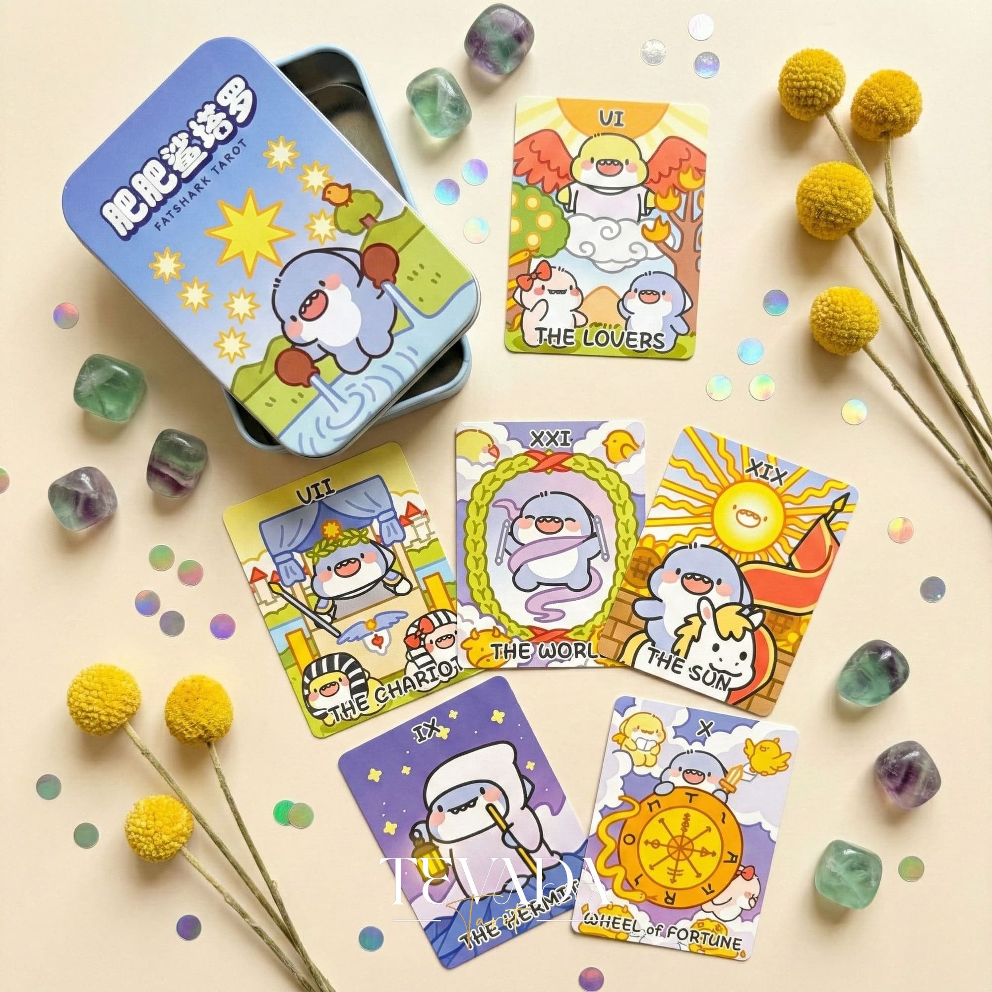 Fat Shark Tarot Deck mignon dessin animé Indie Tarot Deck dans une boîte en fer blanc de poche pour la divination et les voyages pour débutants.