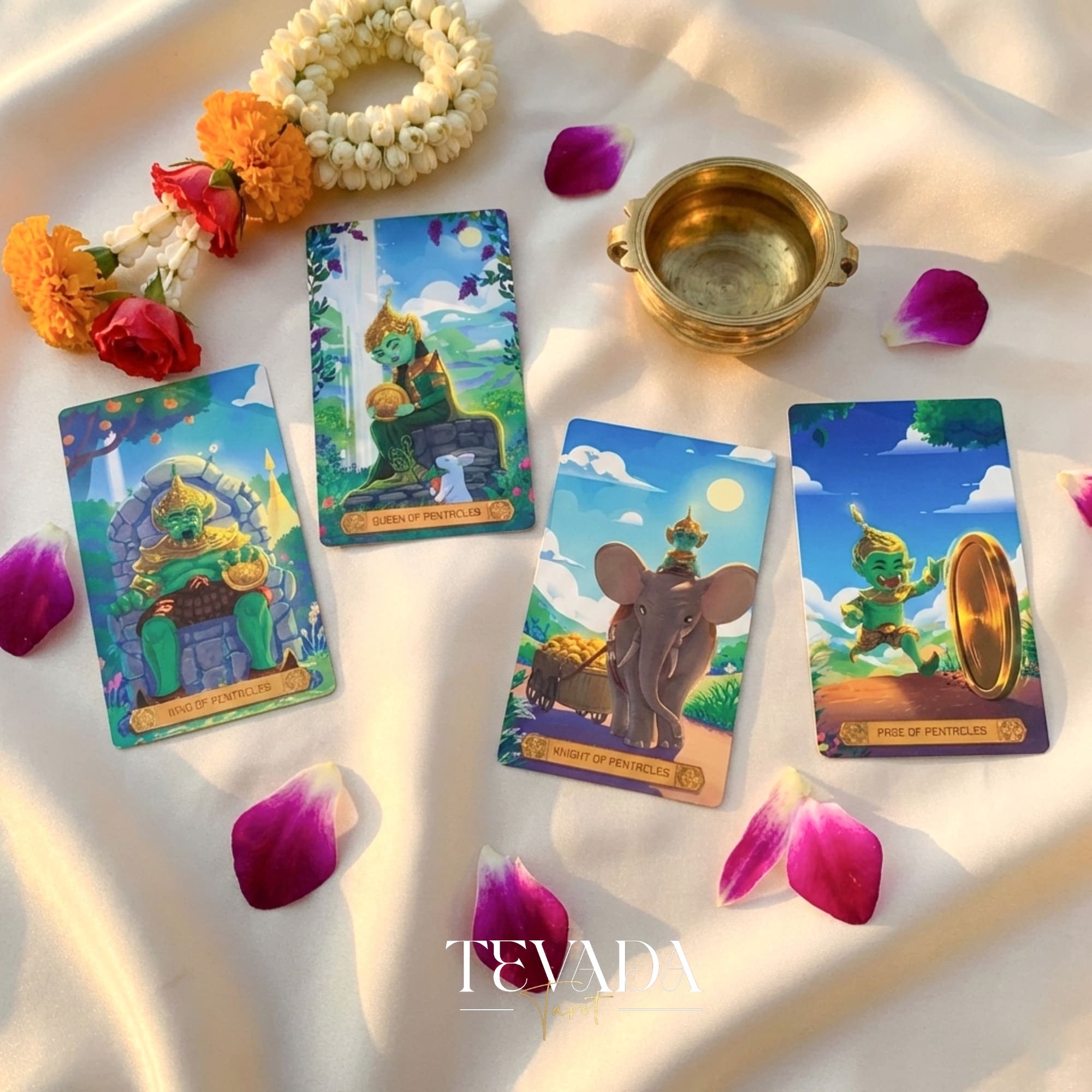 Journey to the Golden Realm Tarot Deck with cute Burmese mythology art and matte-teal edges for intuitive guidance.