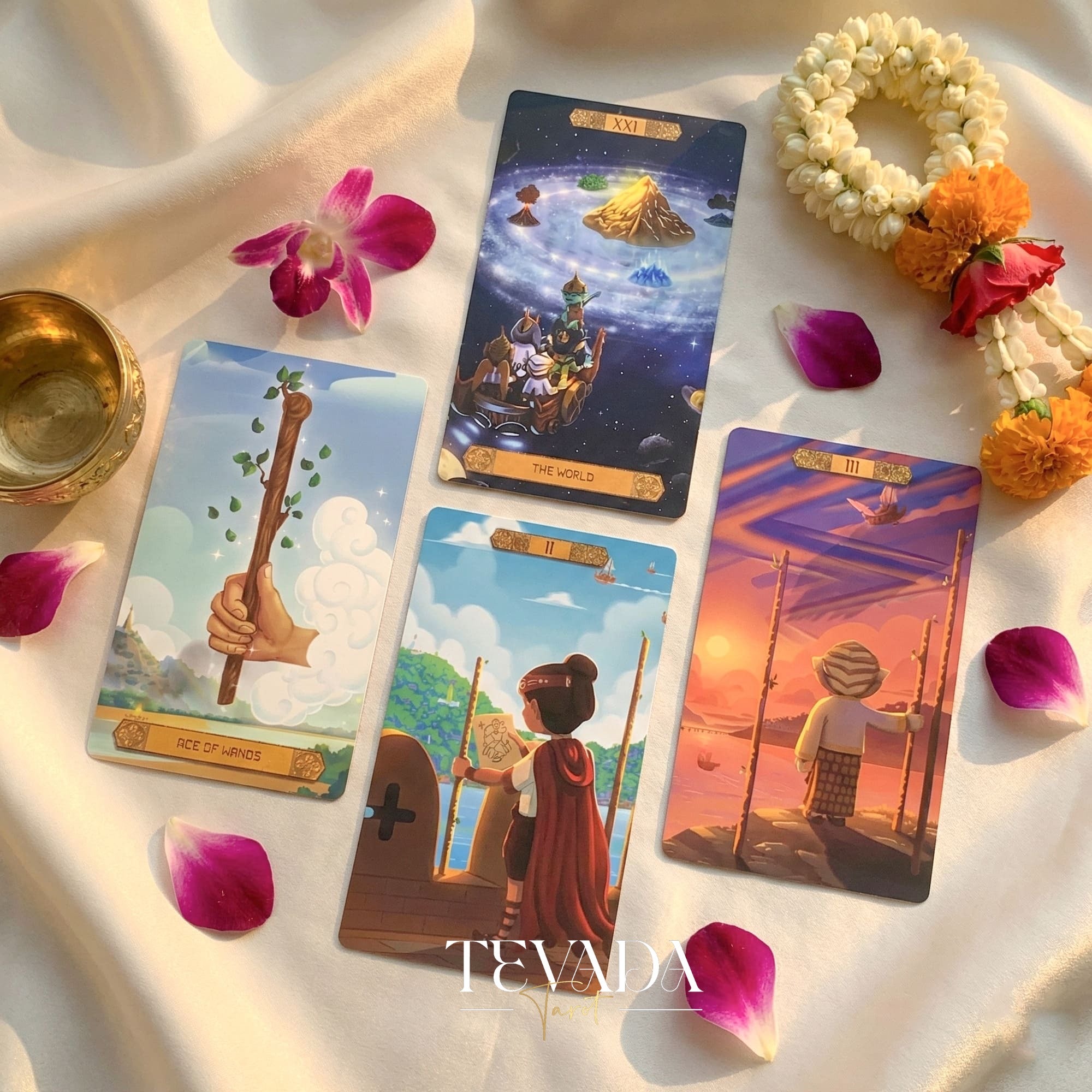 Journey to the Golden Realm Tarot Deck with cute Burmese mythology art and matte-teal edges for intuitive guidance.