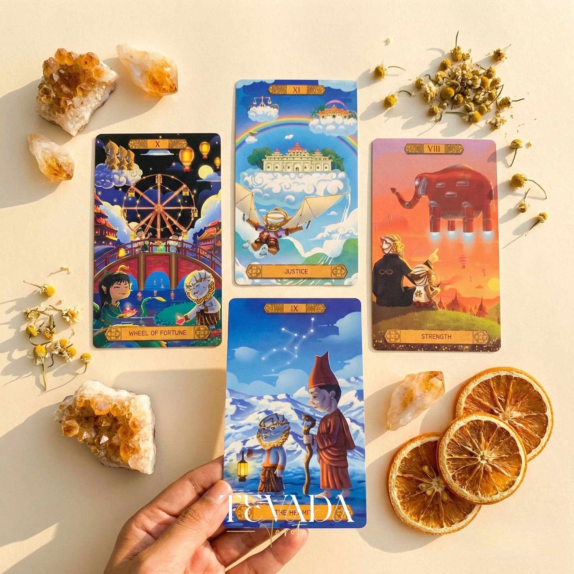 Journey to the Golden Realm Tarot Deck with cute Burmese mythology art and matte-teal edges for intuitive guidance.
