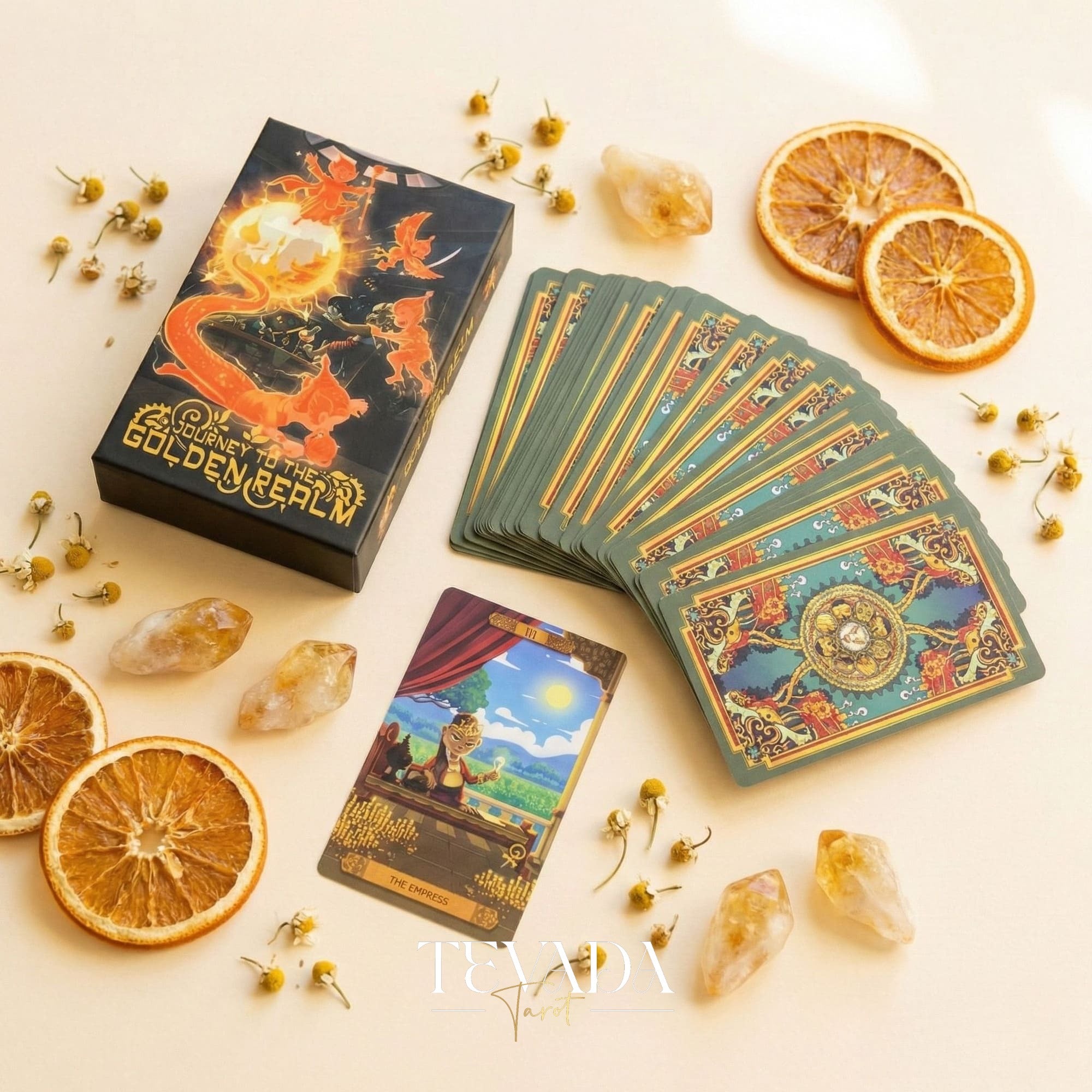 Journey to the Golden Realm Tarot Deck with cute Burmese mythology art and matte-teal edges for intuitive guidance.