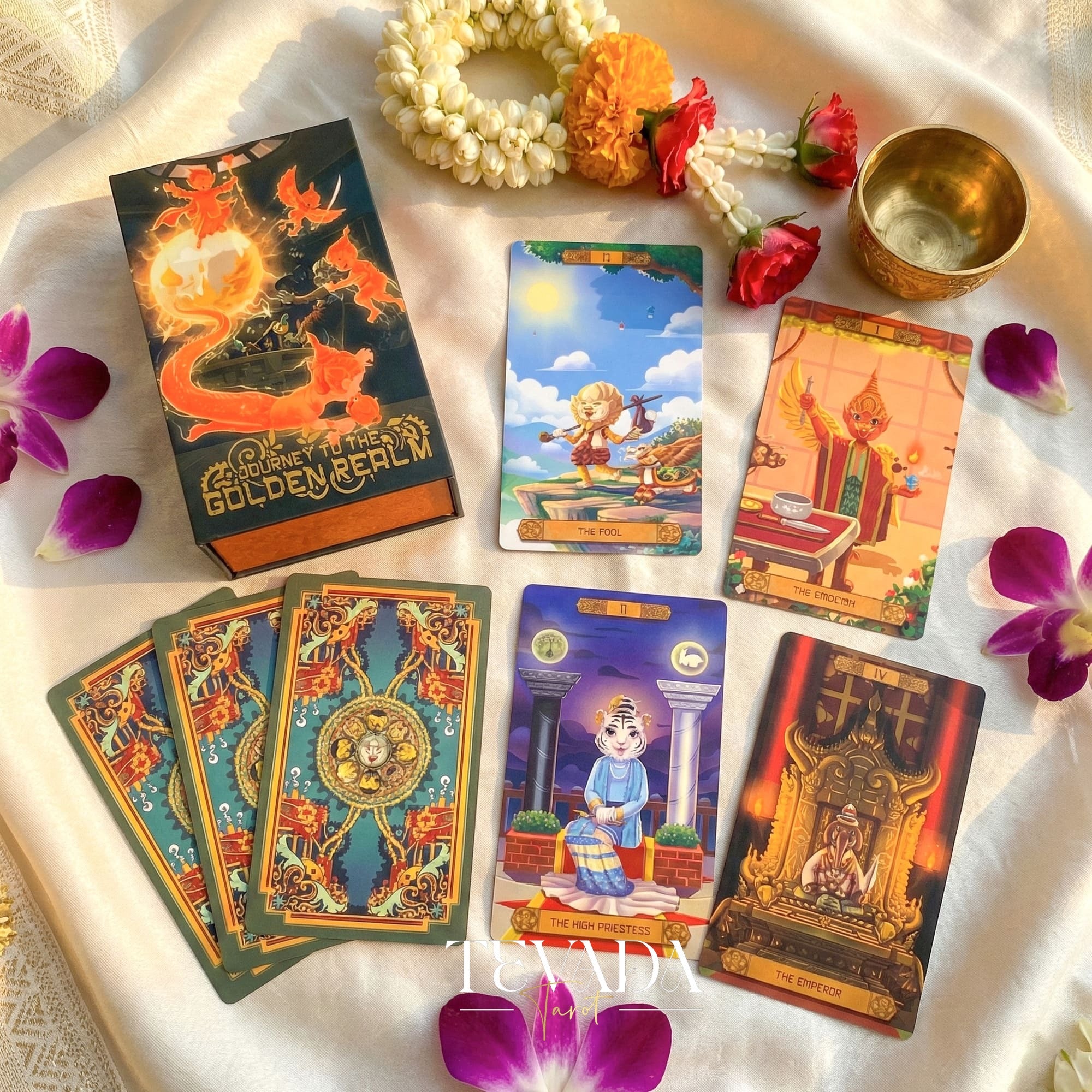 Journey to the Golden Realm Tarot Deck with cute Burmese mythology art and matte-teal edges for intuitive guidance.