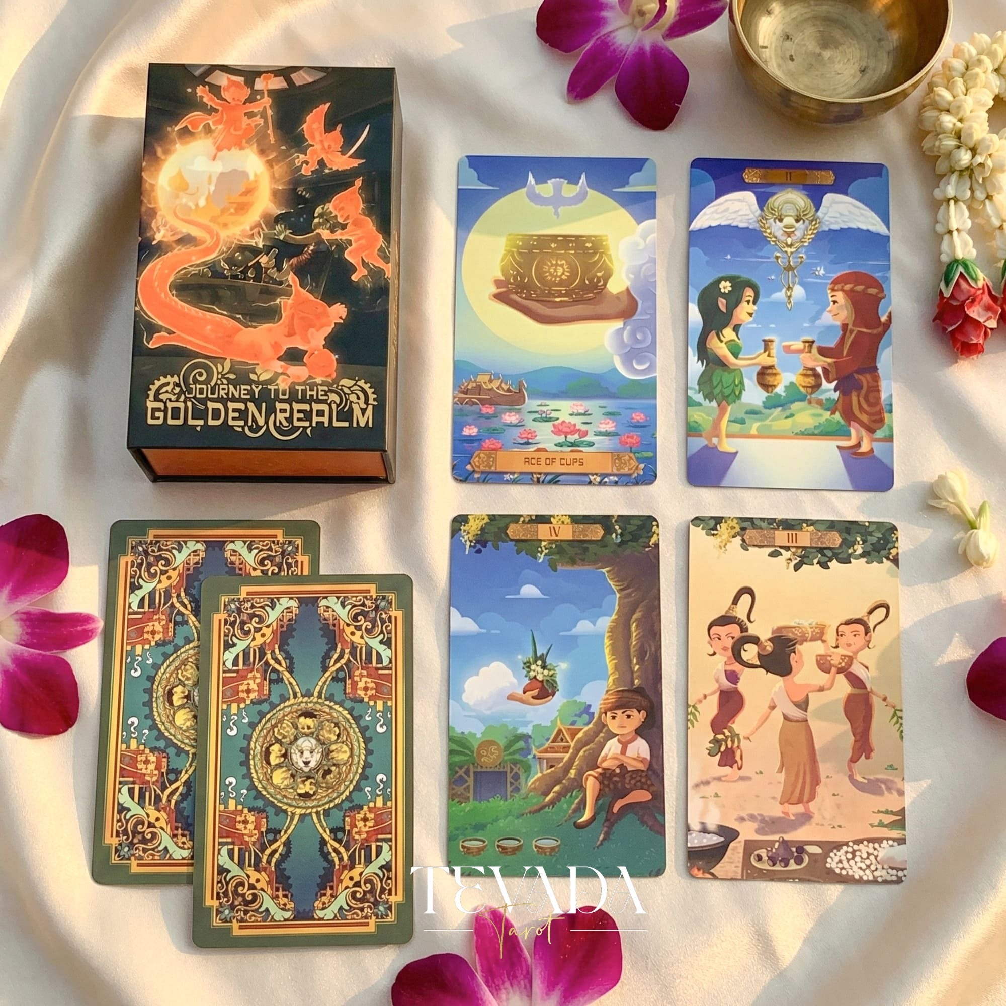 Journey to the Golden Realm Tarot Deck with cute Burmese mythology art and matte-teal edges for intuitive guidance.
