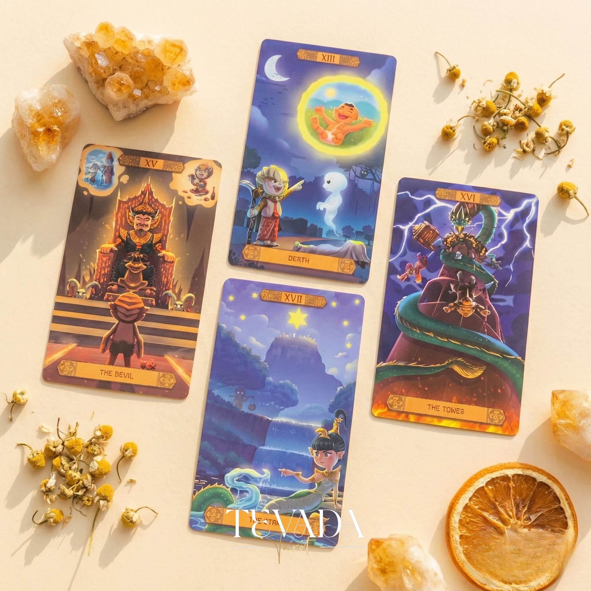 Journey to the Golden Realm Tarot Deck with cute Burmese mythology art and matte-teal edges for intuitive guidance.