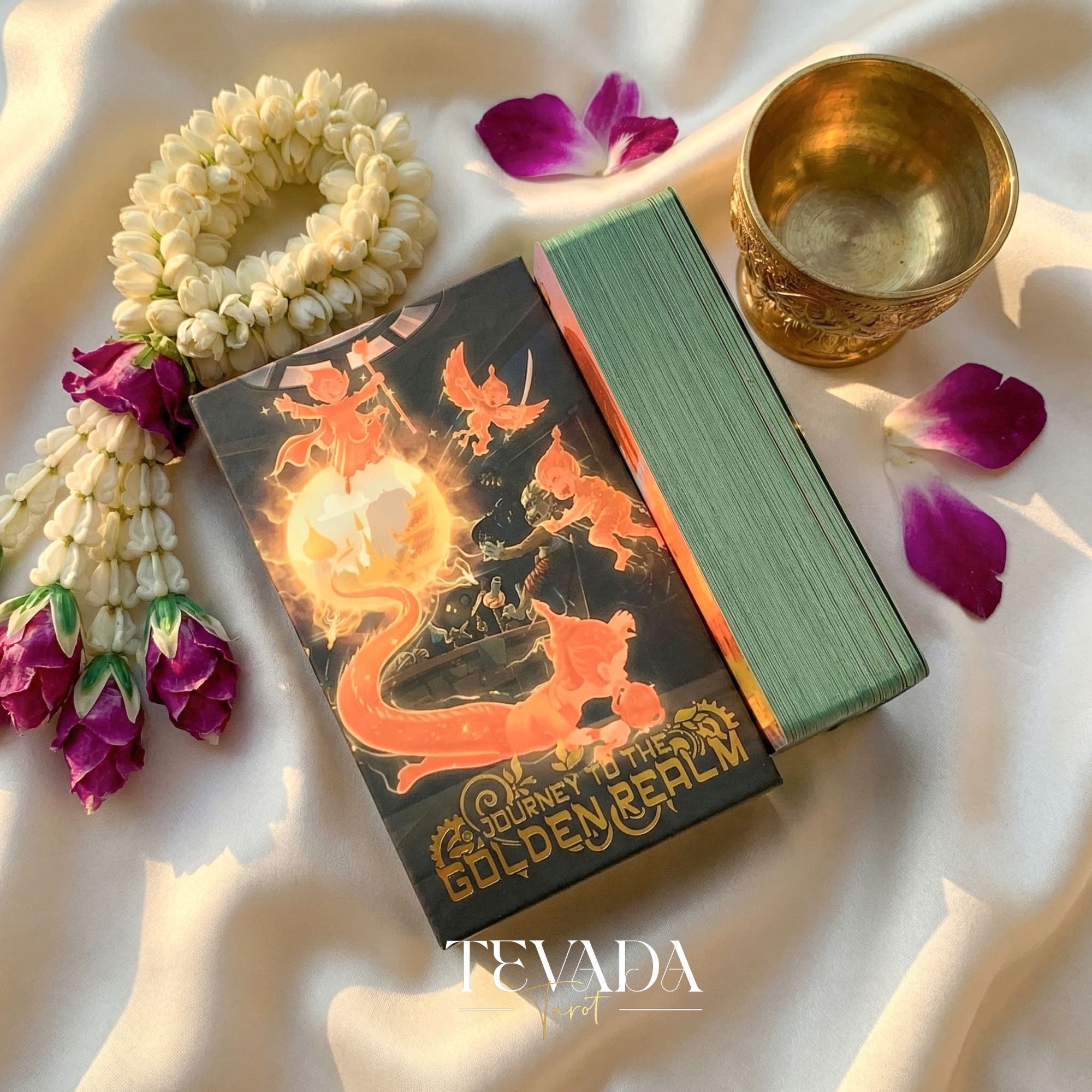 Journey to the Golden Realm Tarot Deck with cute Burmese mythology art and matte-teal edges for intuitive guidance.