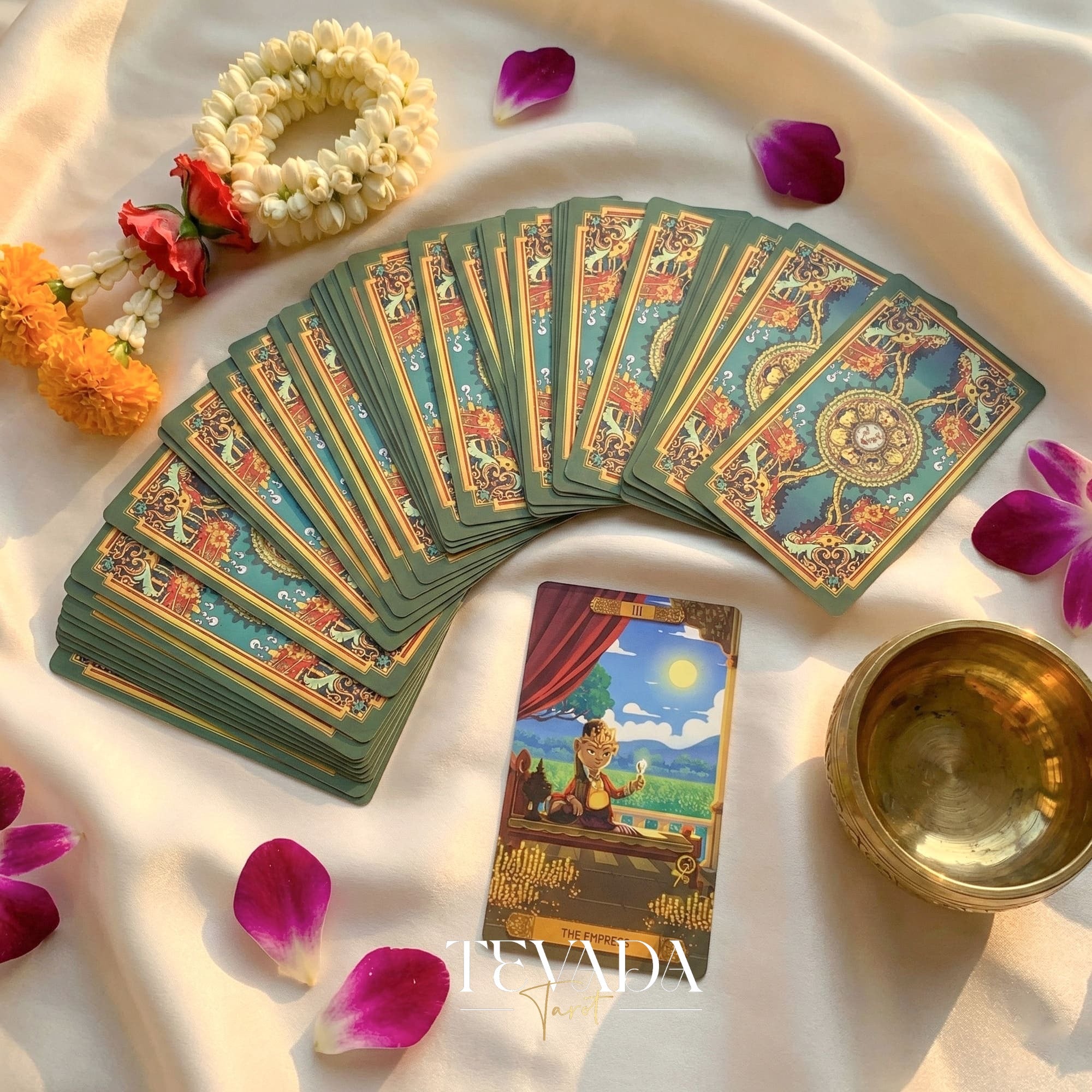 Journey to the Golden Realm Tarot Deck with cute Burmese mythology art and matte-teal edges for intuitive guidance.
