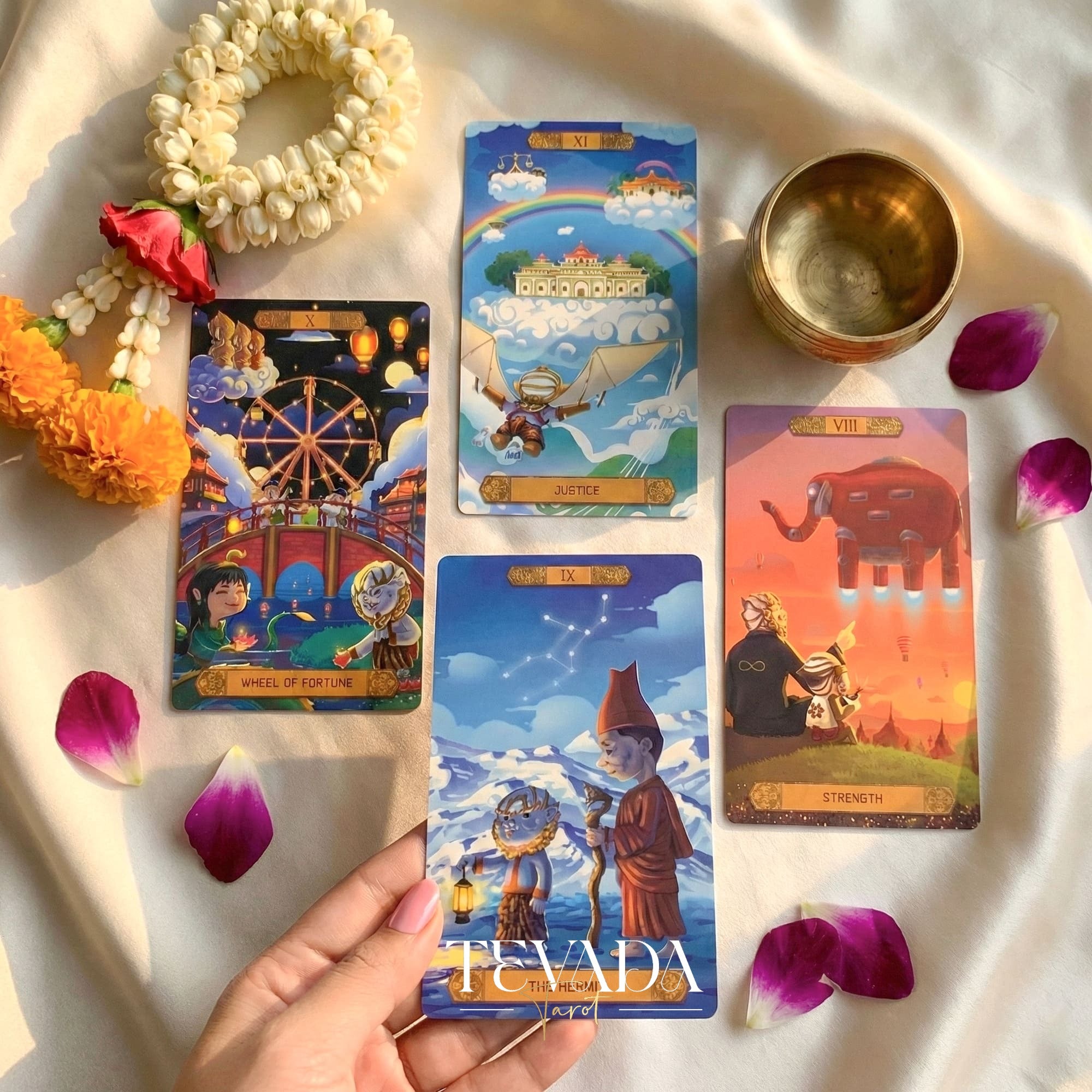 Journey to the Golden Realm Tarot Deck with cute Burmese mythology art and matte-teal edges for intuitive guidance.