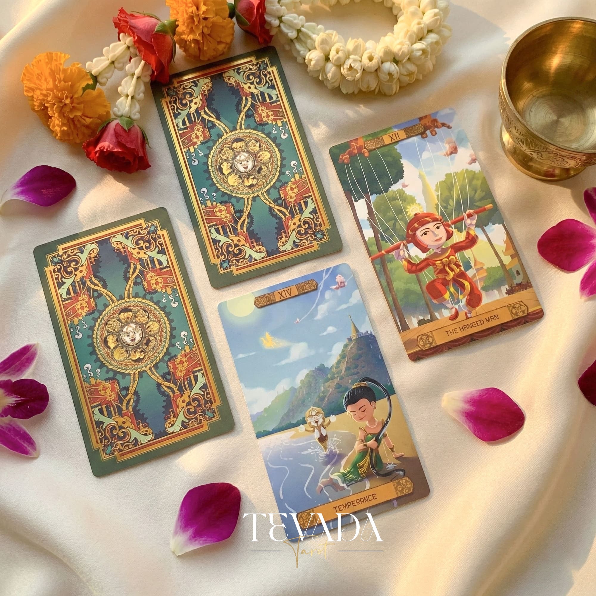 Journey to the Golden Realm Tarot Deck with cute Burmese mythology art and matte-teal edges for intuitive guidance.