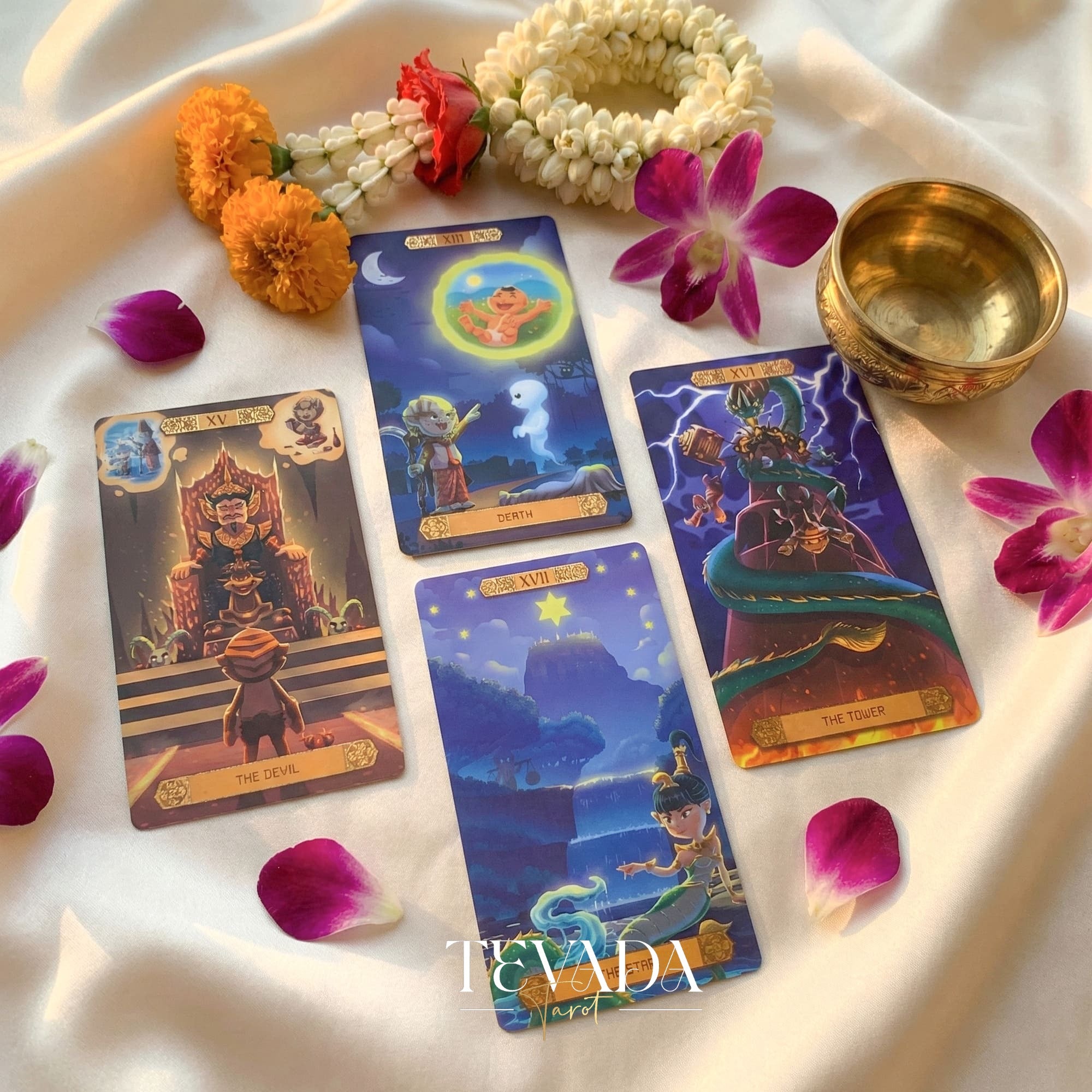 Journey to the Golden Realm Tarot Deck with cute Burmese mythology art and matte-teal edges for intuitive guidance.