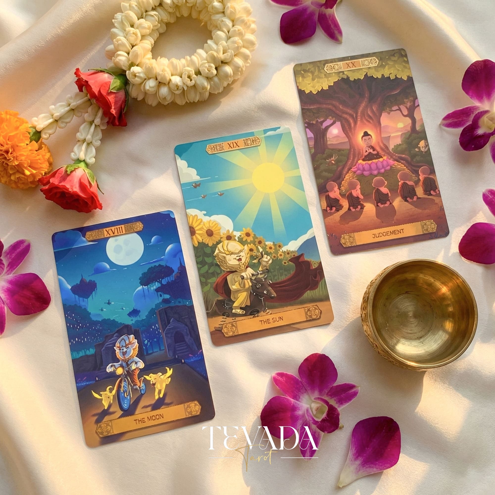 Journey to the Golden Realm Tarot Deck with cute Burmese mythology art and matte-teal edges for intuitive guidance.