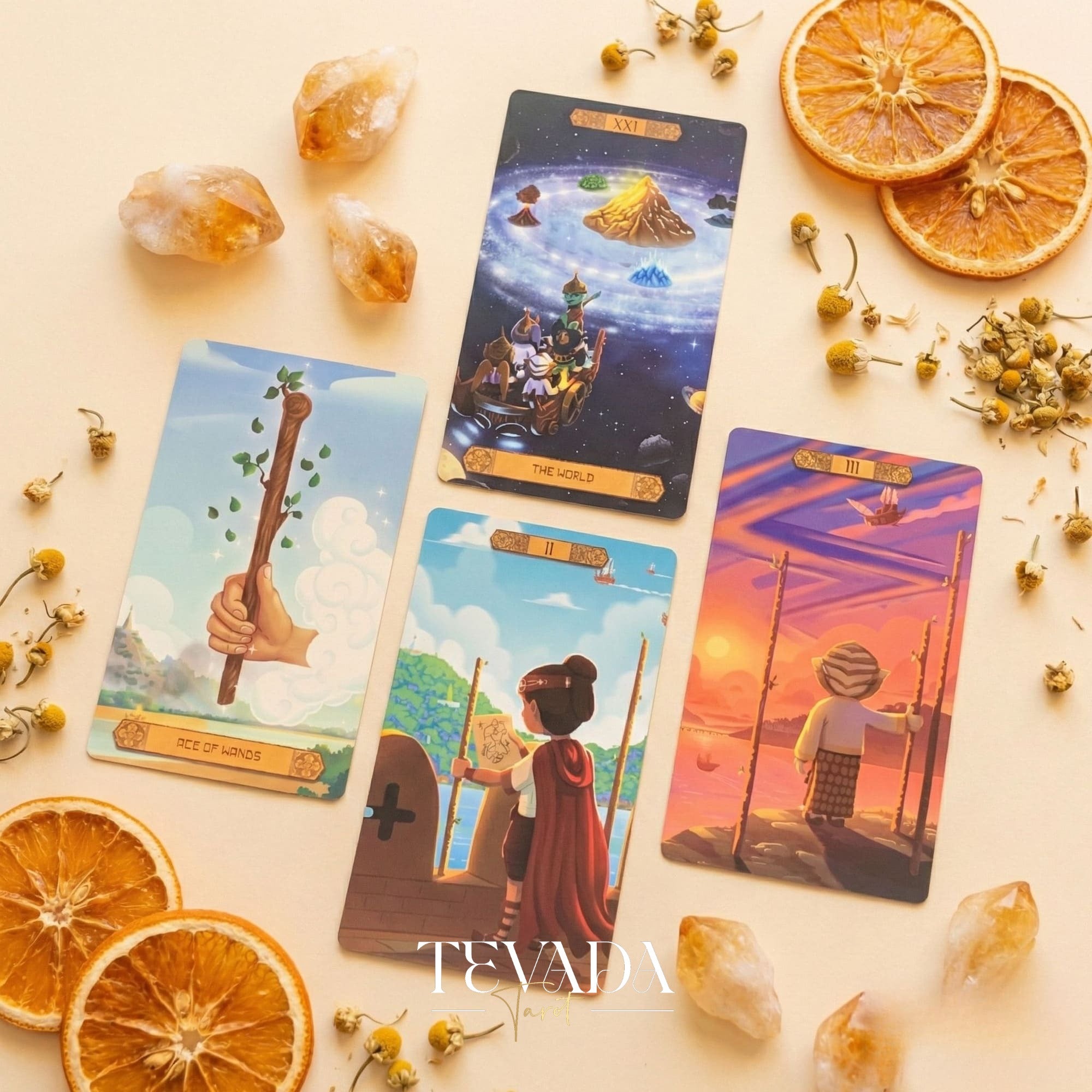 Journey to the Golden Realm Tarot Deck with cute Burmese mythology art and matte-teal edges for intuitive guidance.