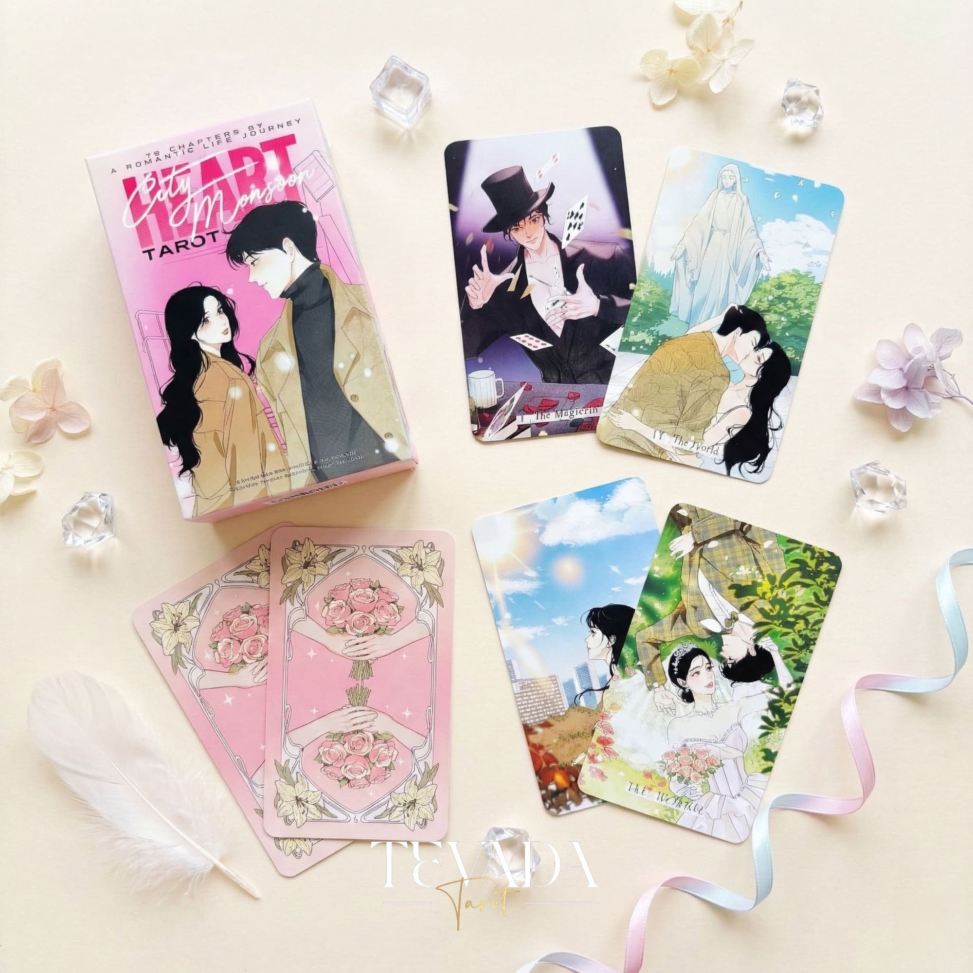 Heart City Monsoon Tarot PINK Edt vintage estilo Manhwa Indie Tarot Deck con bordes holográficos rosas para lecturas de amor.