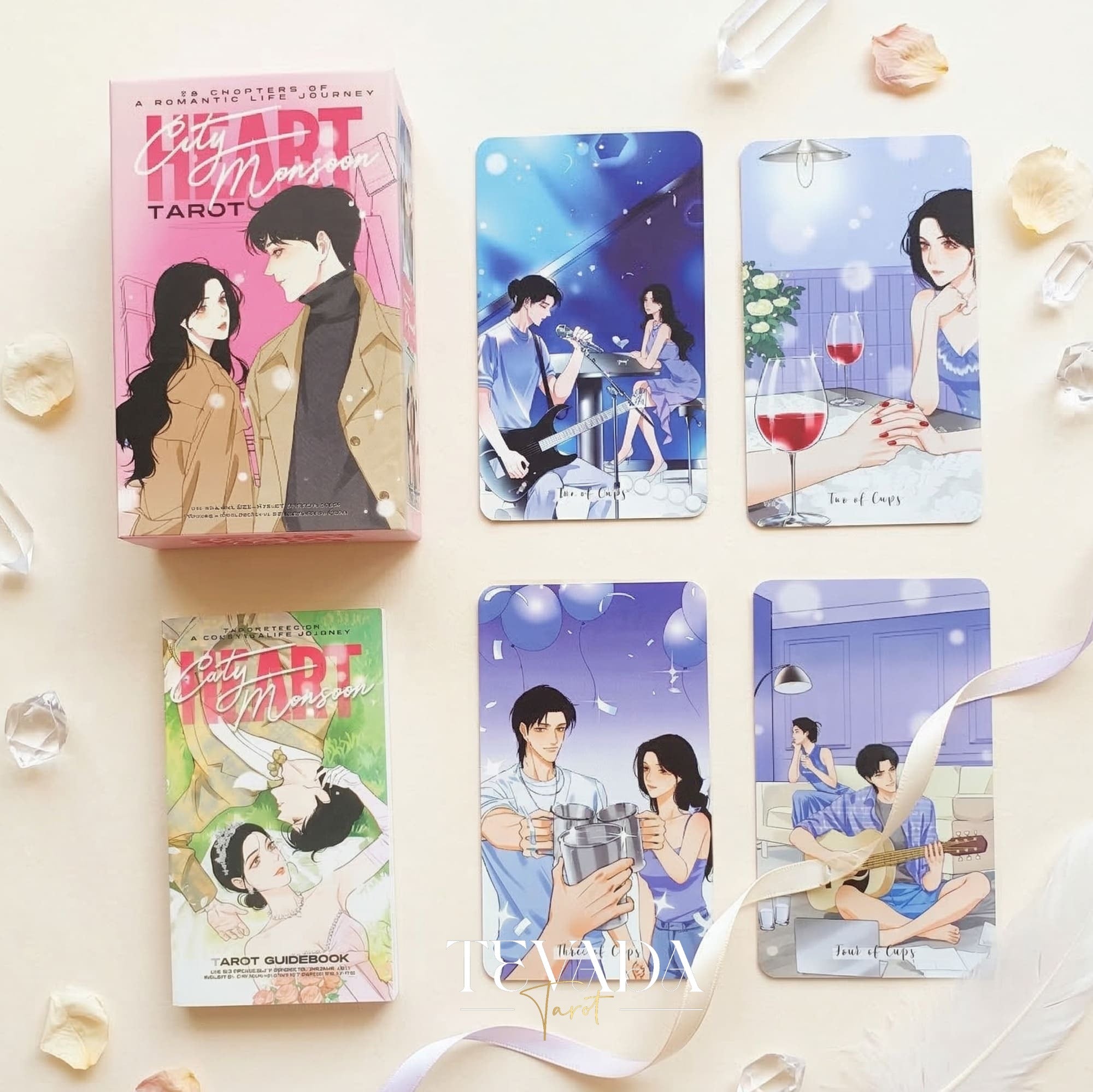 Heart City Monsoon Tarot PINK Edt vintage estilo Manhwa Indie Tarot Deck con bordes holográficos rosas para lecturas de amor.