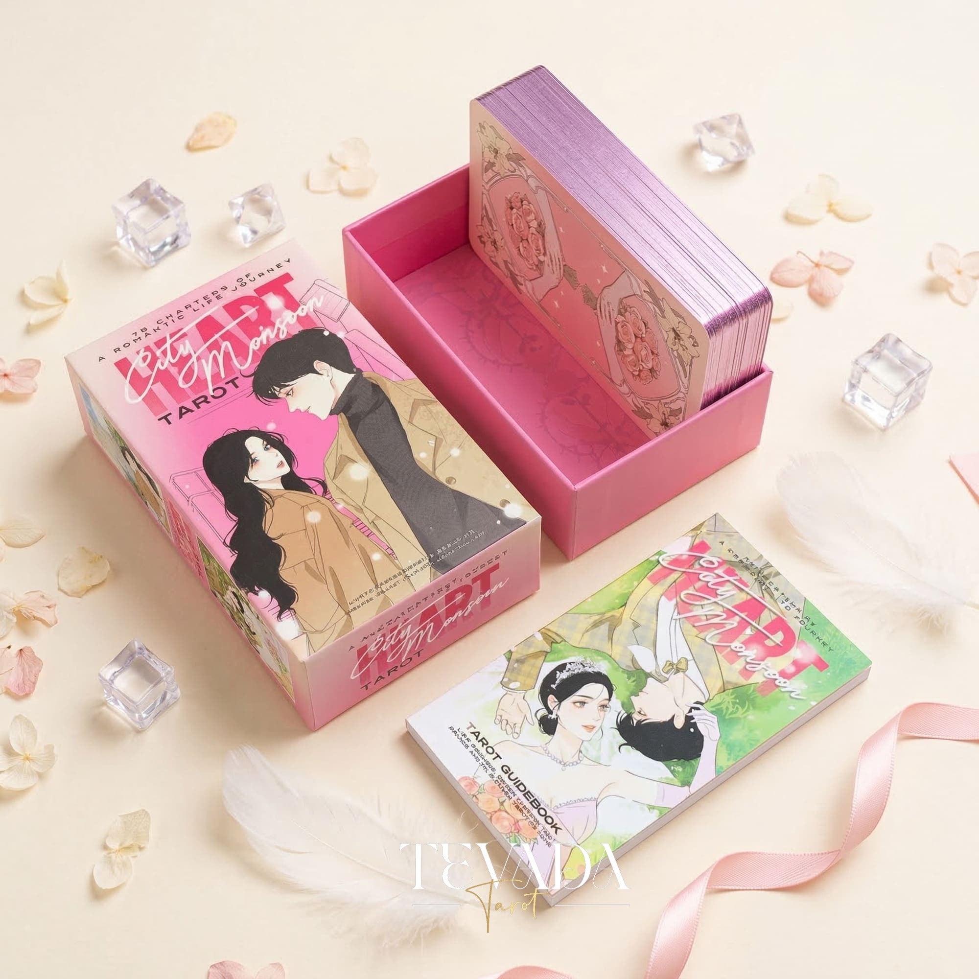 Heart City Monsoon Tarot PINK Edt vintage Manhwa style Indie Tarot Deck with pink holographic edges for love readings.