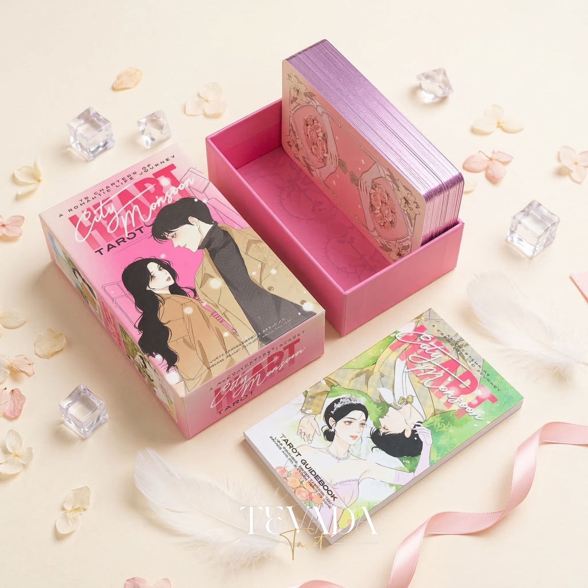 Heart City Monsoon Tarot PINK Edt vintage estilo Manhwa Indie Tarot Deck con bordes holográficos rosas para lecturas de amor.