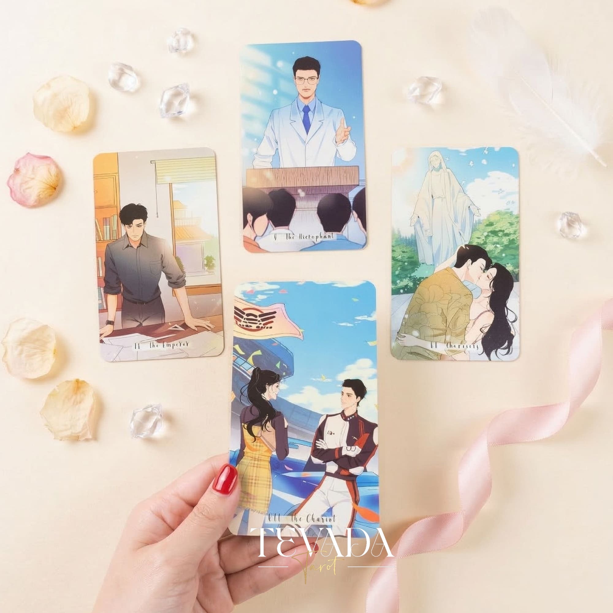Heart City Monsoon Tarot PINK Edt vintage Manhwa style Indie Tarot Deck with pink holographic edges for love readings.