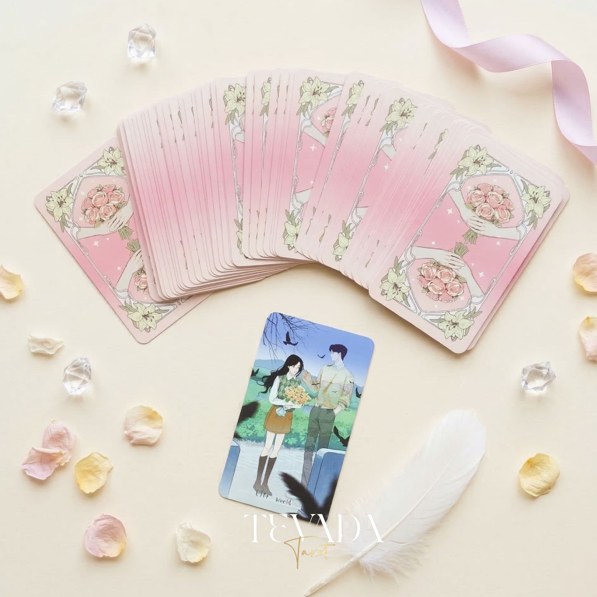Heart City Monsoon Tarot PINK Edt vintage Manhwa style Indie Tarot Deck with pink holographic edges for love readings.
